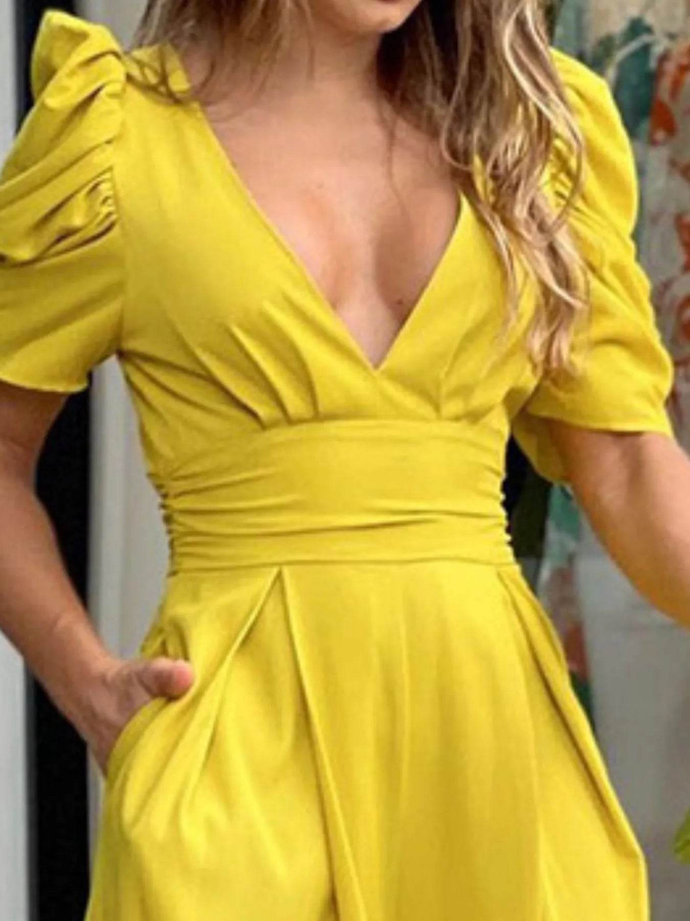 Full Size Cutout V-Neck Puff Sleeve Jumpsuit Plus Size - Ultim8 Designs 4 U