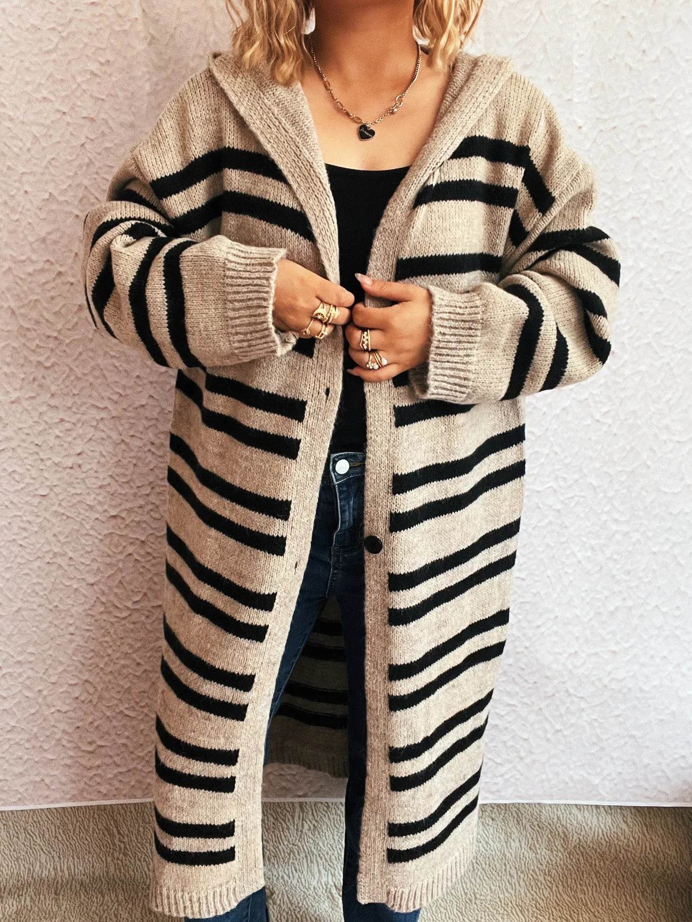 Striped Open Front Hooded Cardigan - Ultim8 Designs 4 U