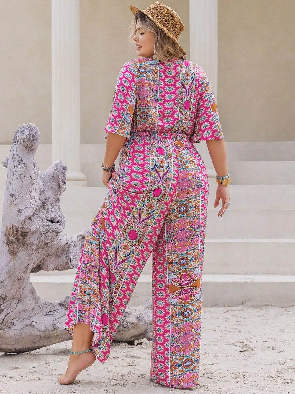 Plus Size Printed Half Sleeve Wide Leg Jumpsuit - Ultim8 Designs 4 U