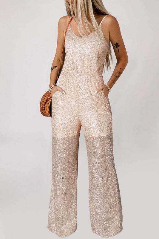 Sequin Spaghetti Strap Wide Leg Jumpsuit - Ultim8 Designs 4 U