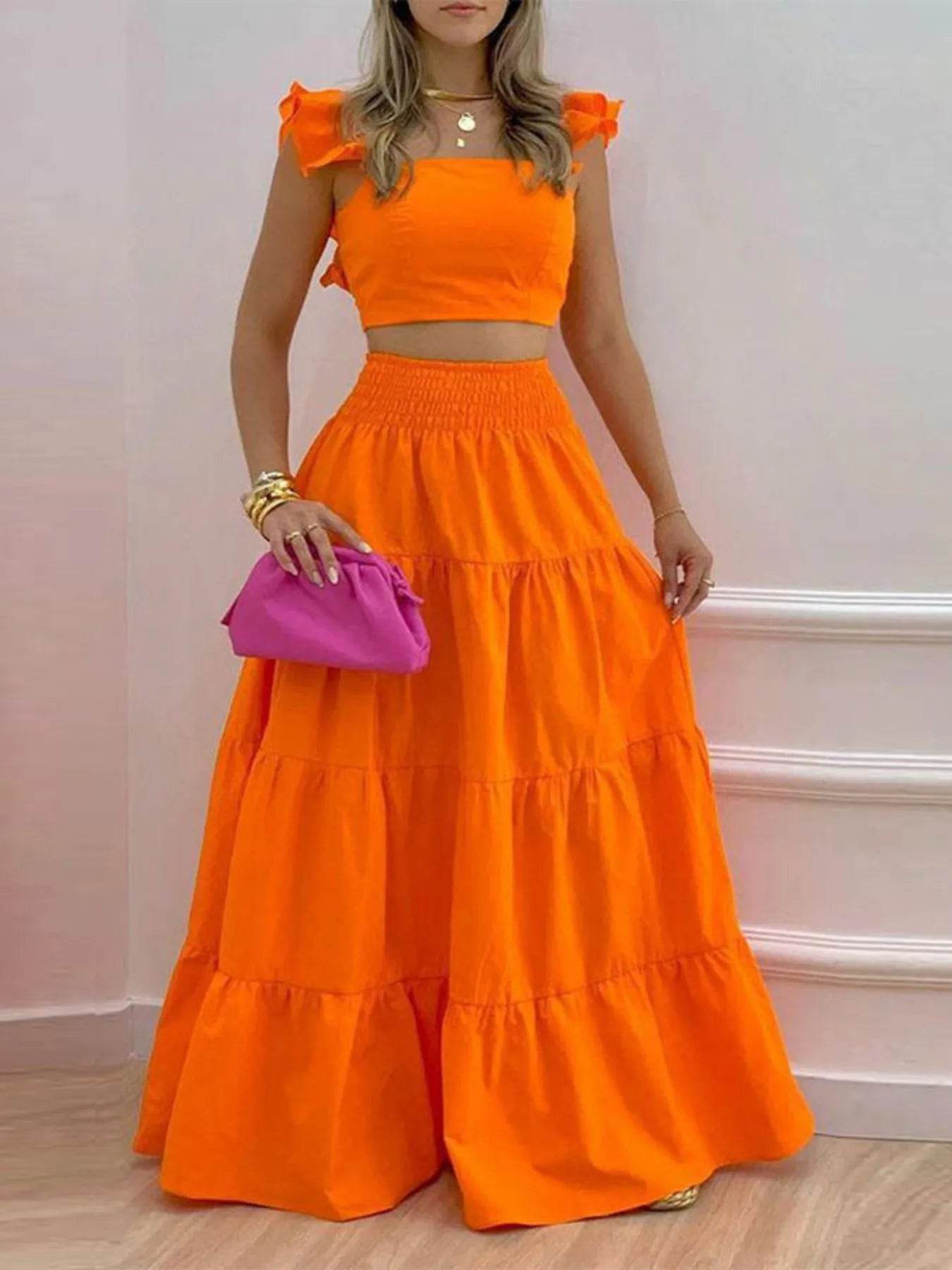 Full Size Ruffled Cami and Tiered Maxi Skirt Set Plus Size - Ultim8 Designs 4 U