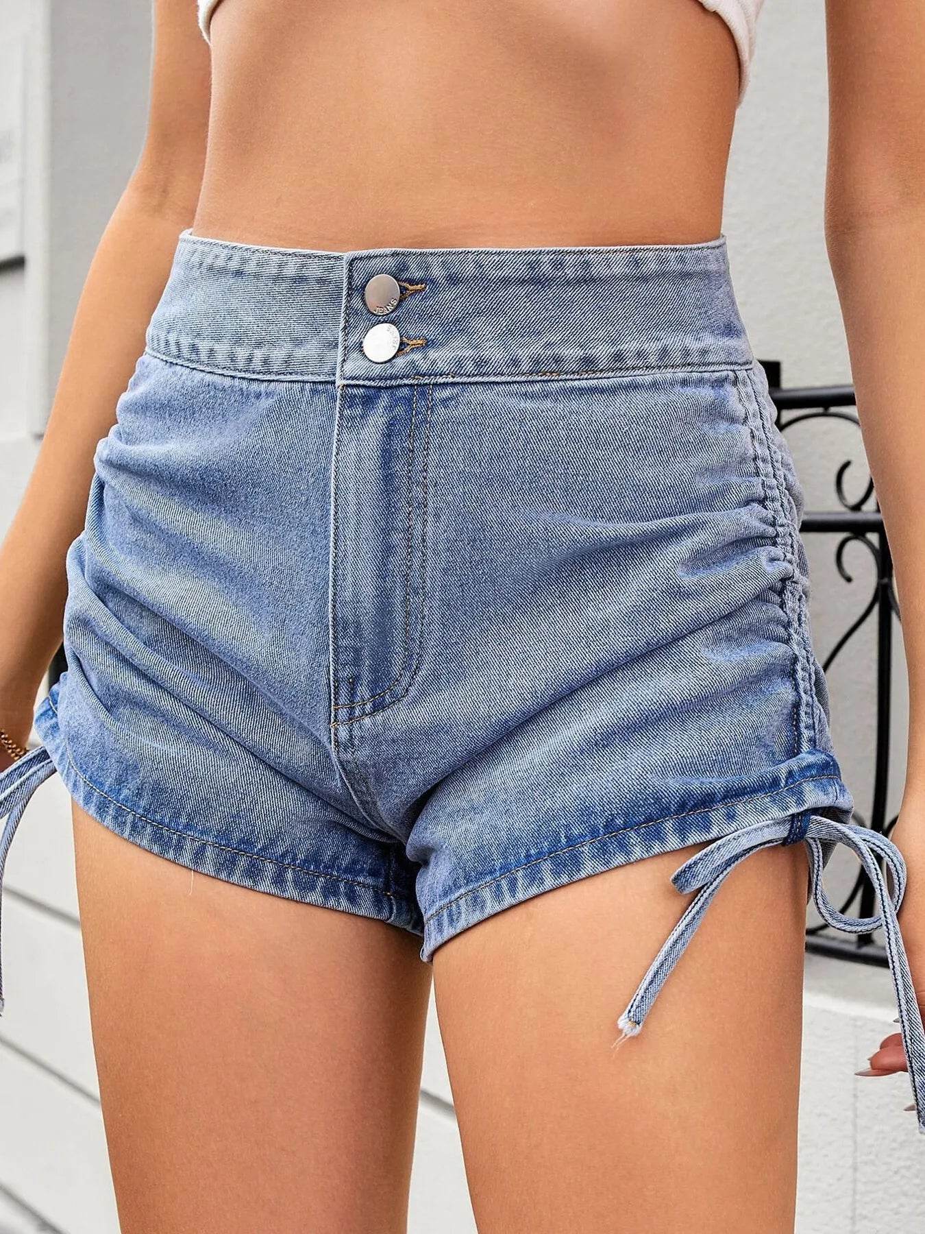 Ruched Side Drawstring Denim Shorts - Ultim8 Designs 4 U