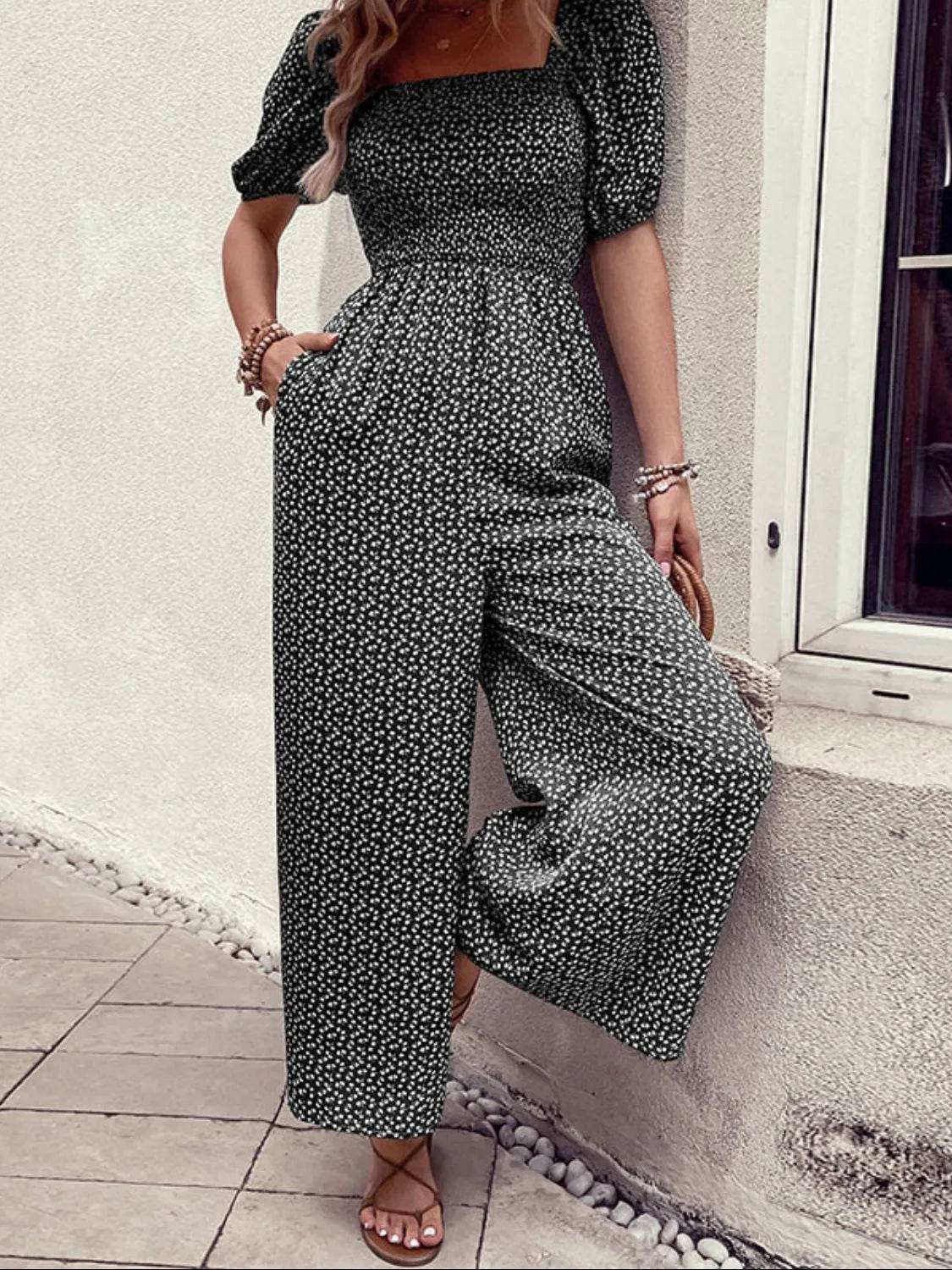 Printed Square Neck Puff Sleeve Jumpsuit - Ultim8 Designs 4 U