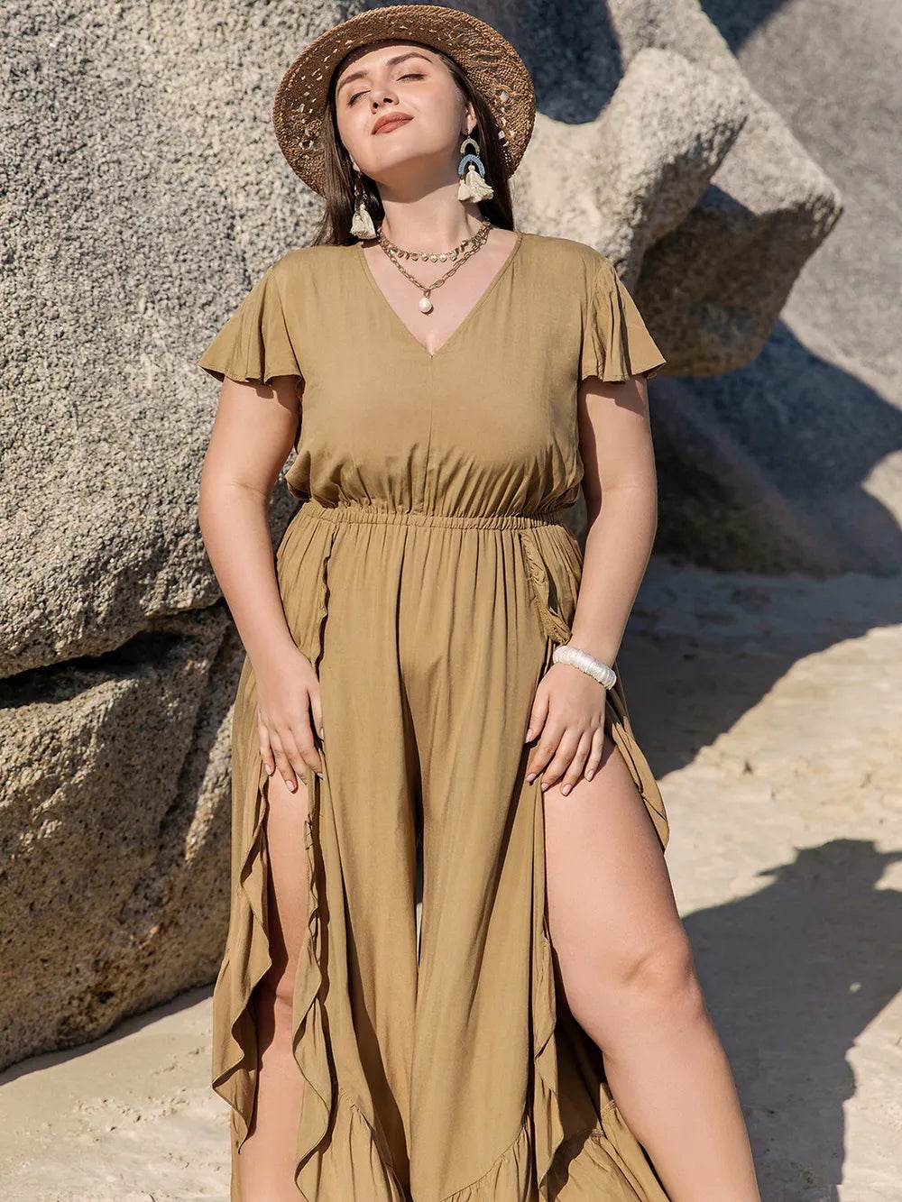 Plus Size Slit Ruffled V-Neck Jumpsuit - Ultim8 Designs 4 U