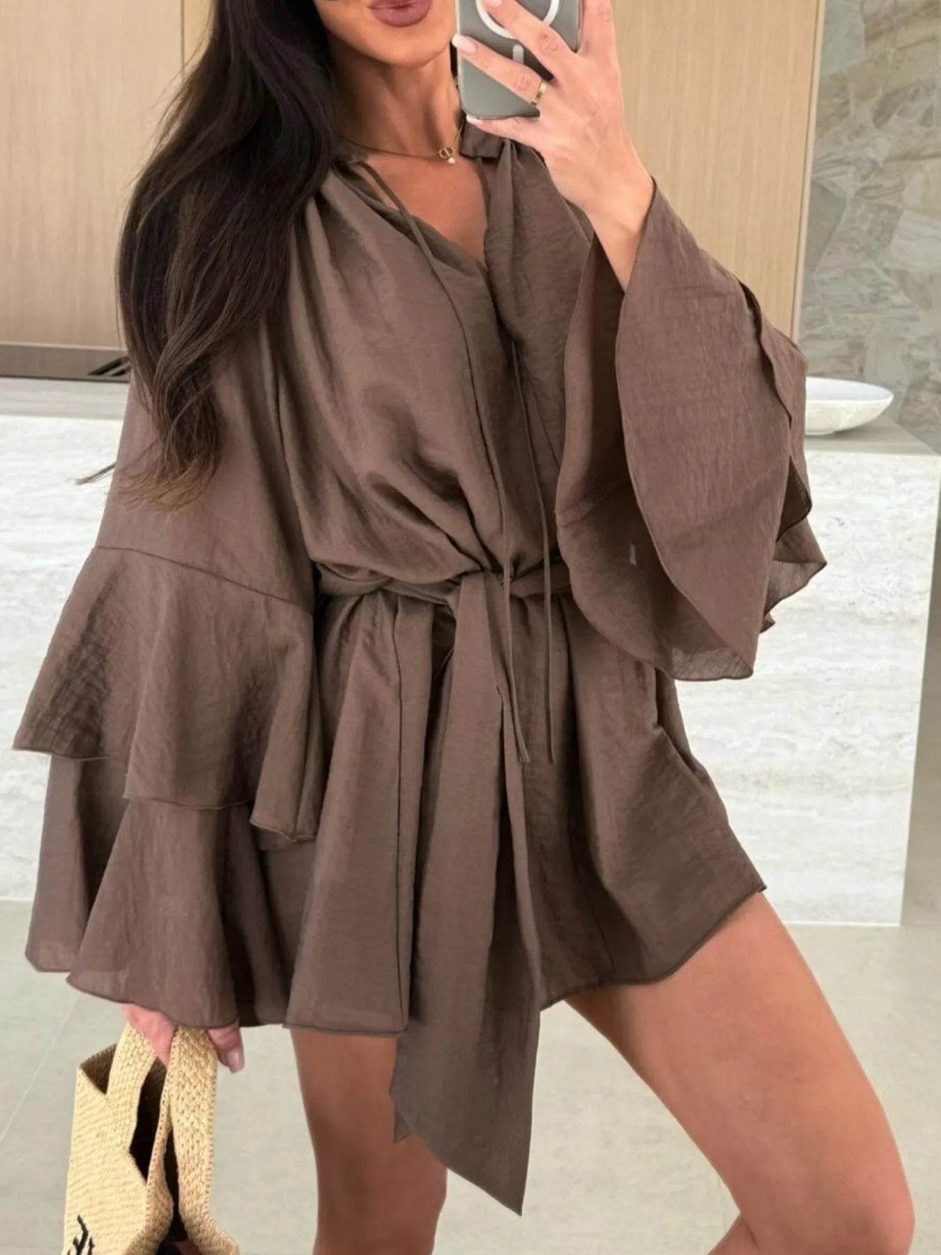 Bell Sleeve Tie Waist Mini Shirt Dress - Ultim8 Designs 4 U