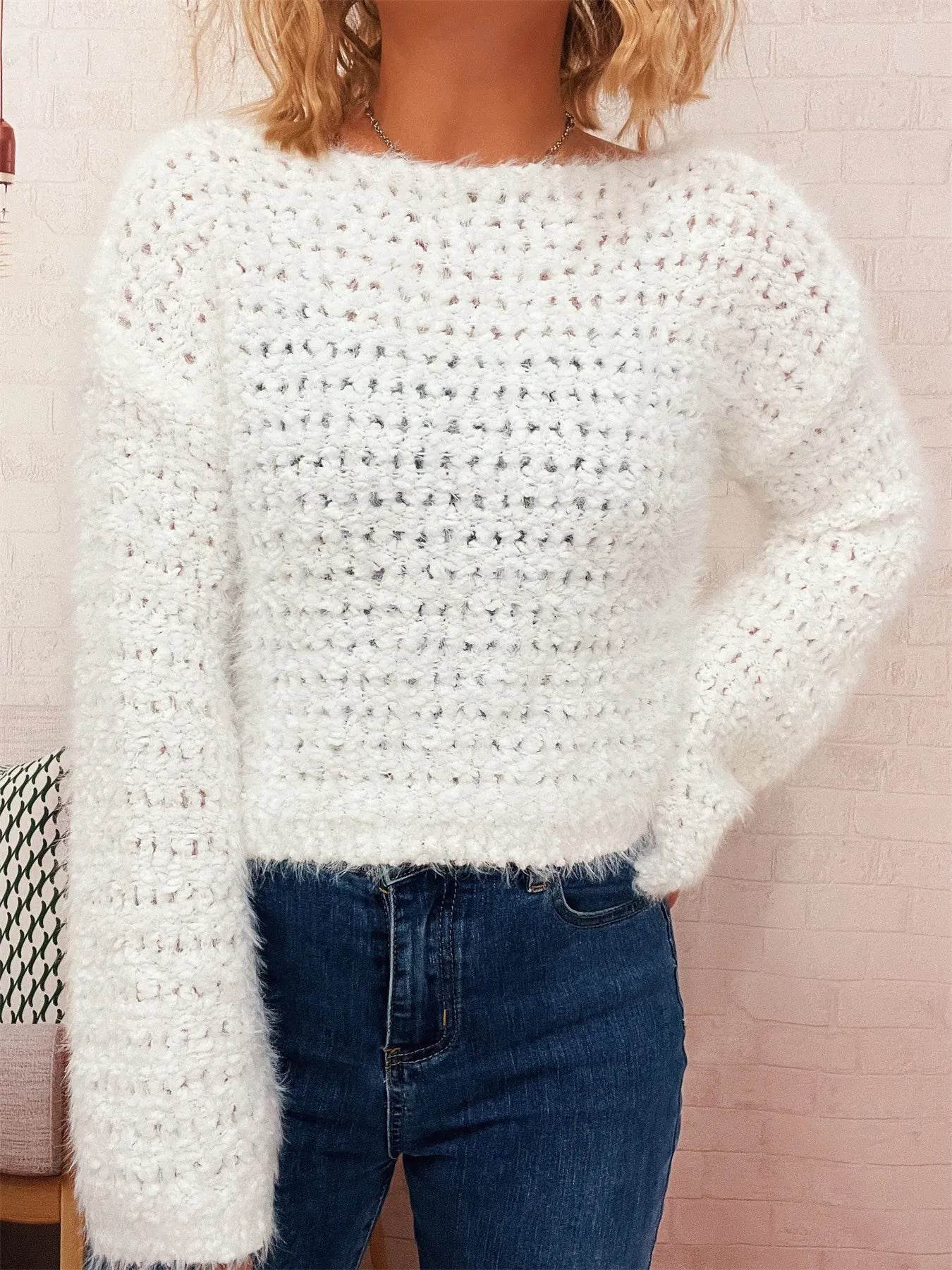 Crochet Round Neck Dropped Shoulder Sweater - Ultim8 Designs 4 U