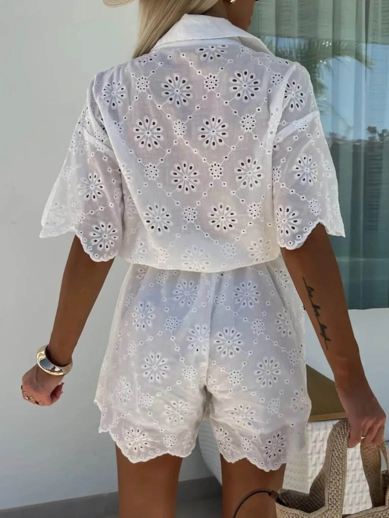 Eyelet Lace Button-Up Romper - Ultim8 Designs 4 U