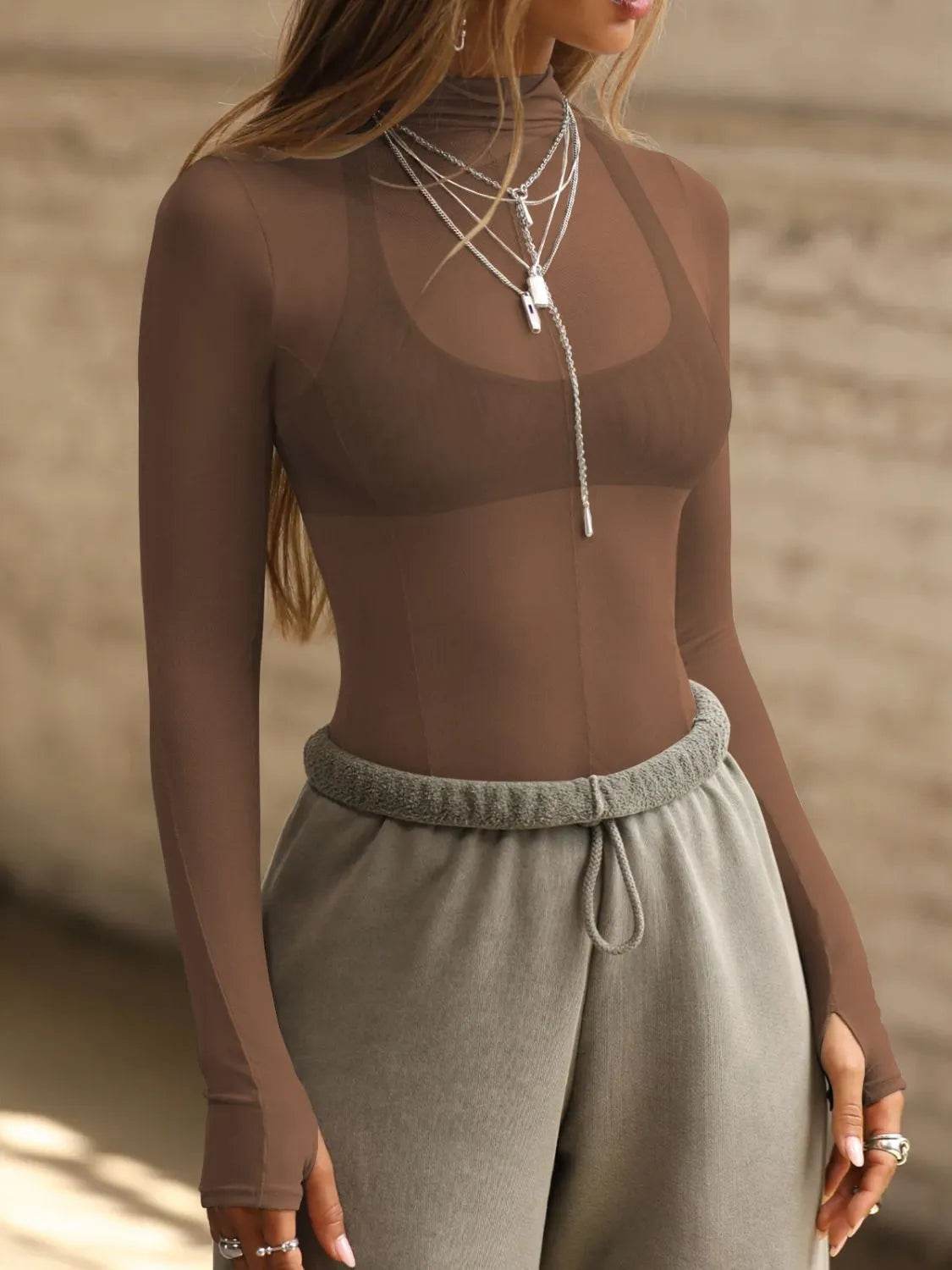 Mock Neck Long Sleeve Sheer Top - Ultim8 Designs 4 U