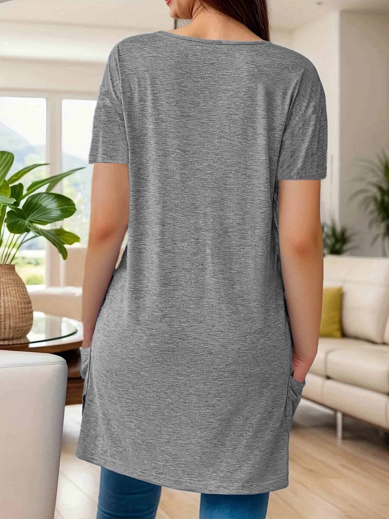Full Size V-Neck Pocket Front Asymmetric Hem T-Shirt Plus Size - Ultim8 Designs 4 U