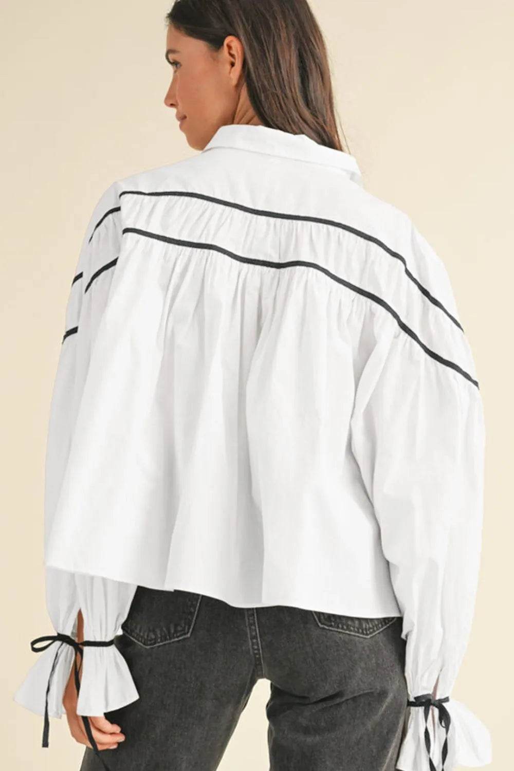 Ribbon Bowtie Collared Neck Flounce Sleeve Shirt - Ultim8 Designs 4 U