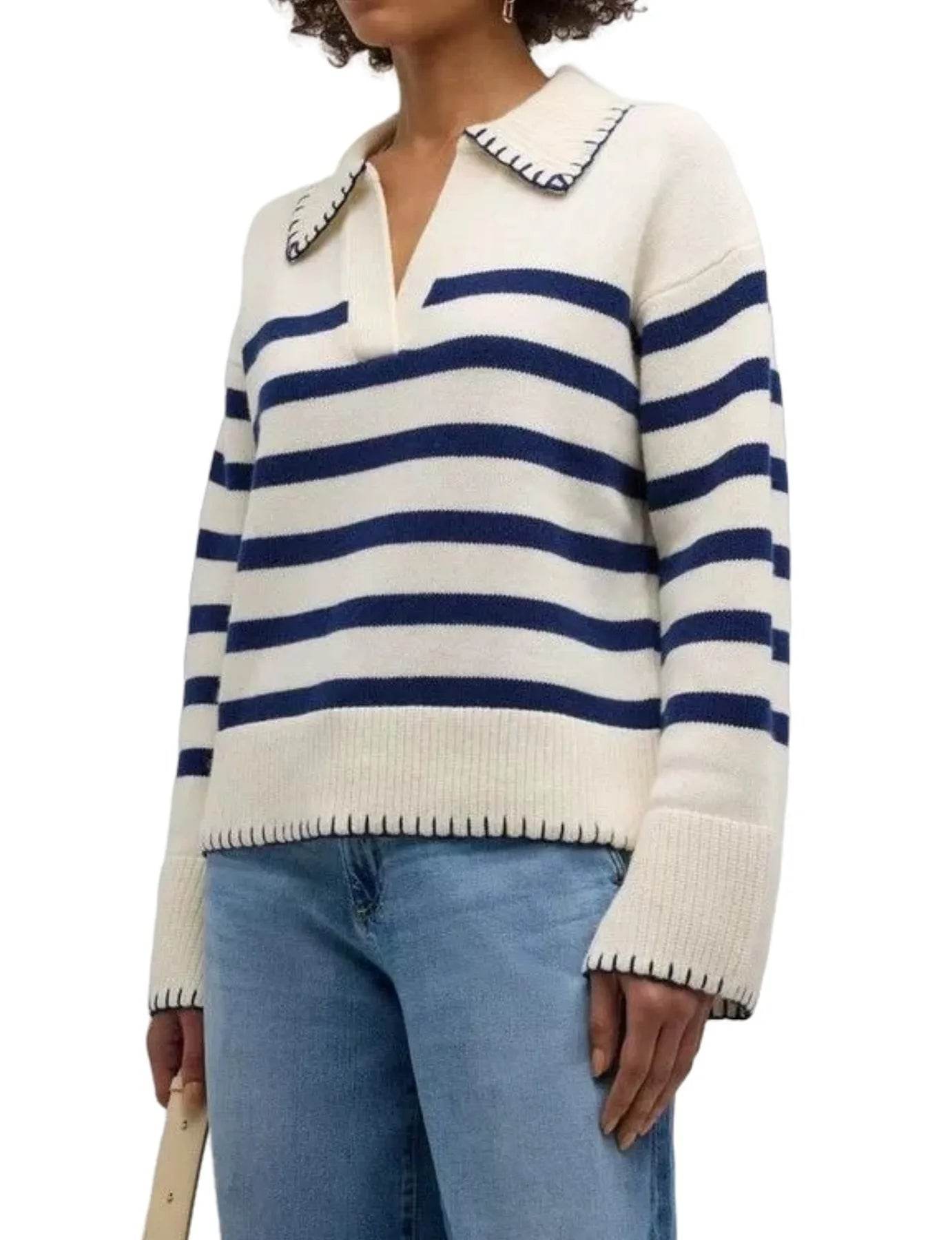 Striped Johnny Collar Sweater - Ultim8 Designs 4 U