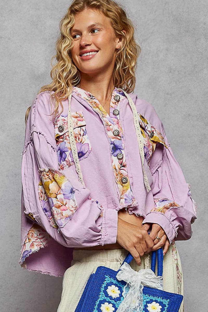 Raw Hem Floral Print Cropped Hooded Jacket - Ultim8 Designs 4 U