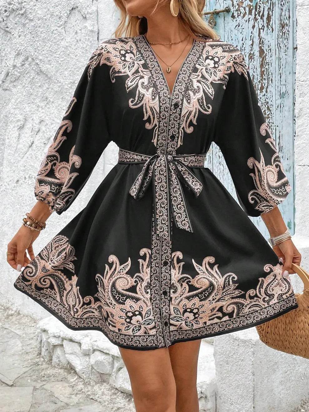 Paisley V-Neck 3/4 Sleeve Mini Dress - Ultim8 Designs 4 U