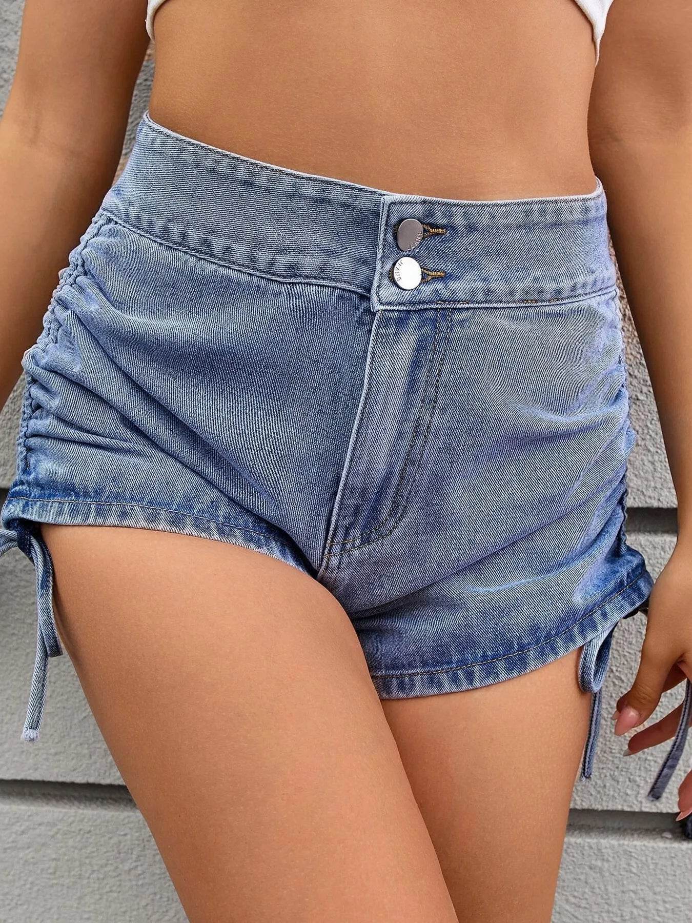 Ruched Side Drawstring Denim Shorts - Ultim8 Designs 4 U