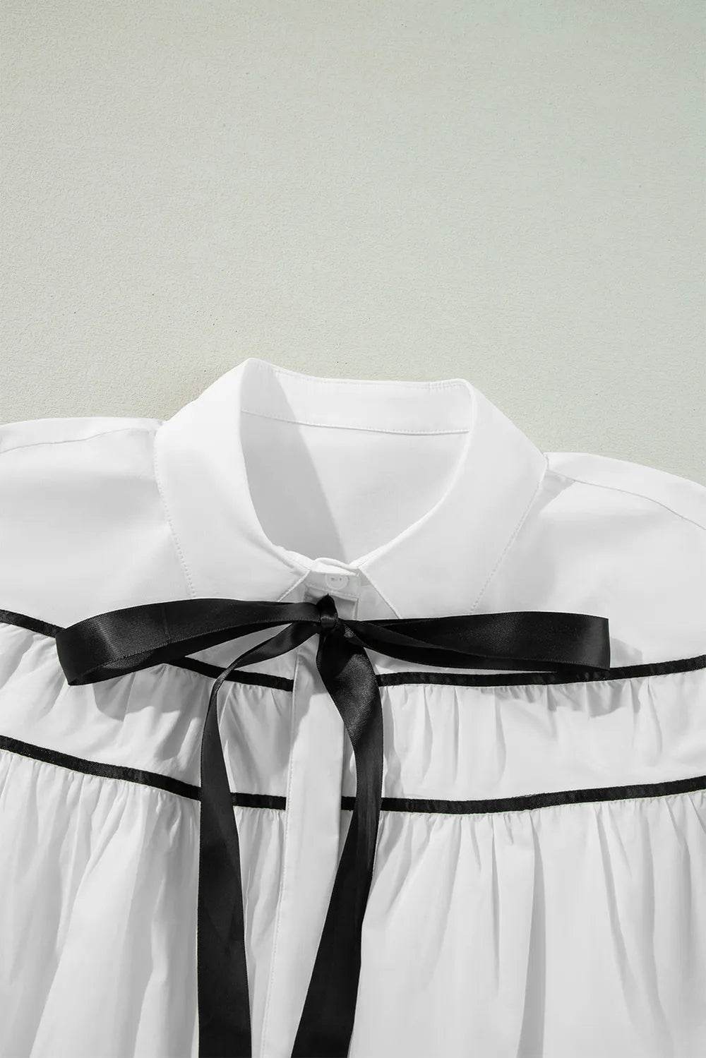 Ribbon Bowtie Collared Neck Flounce Sleeve Shirt - Ultim8 Designs 4 U