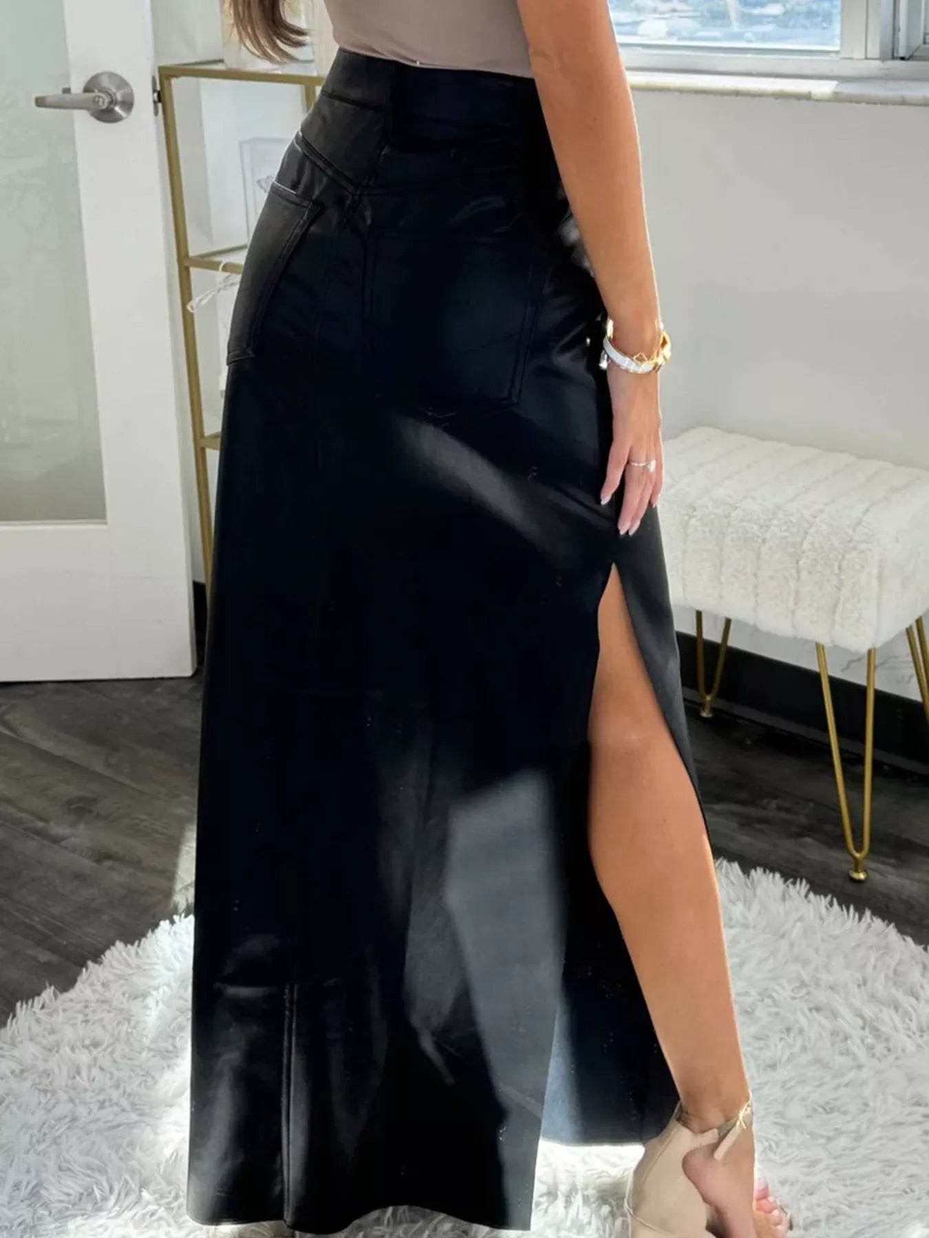 Leather High-Waist Side Slit Maxi Skirt - Ultim8 Designs 4 U
