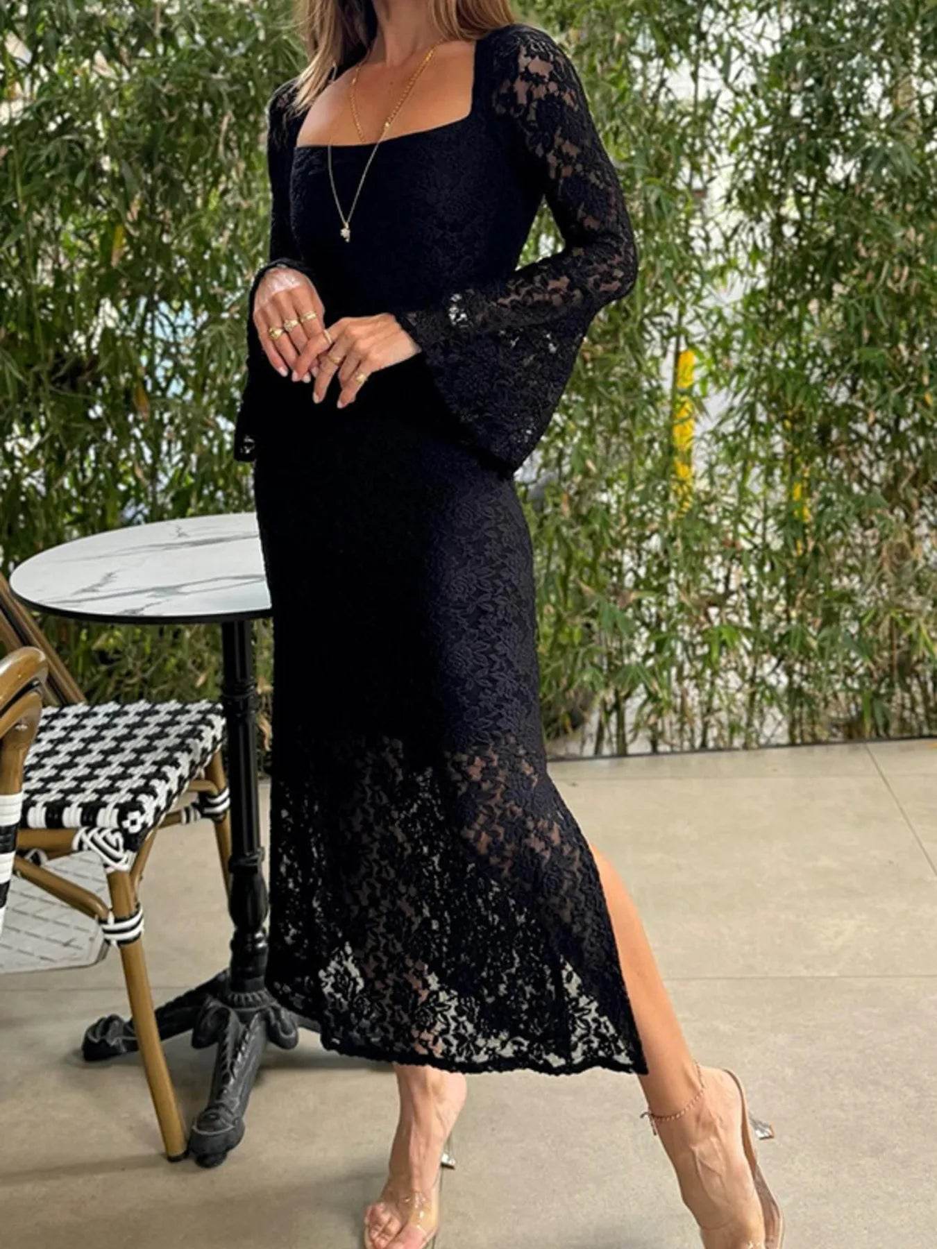 Lace Bell Sleeve Square Neck Bodycon Dress - Ultim8 Designs 4 U