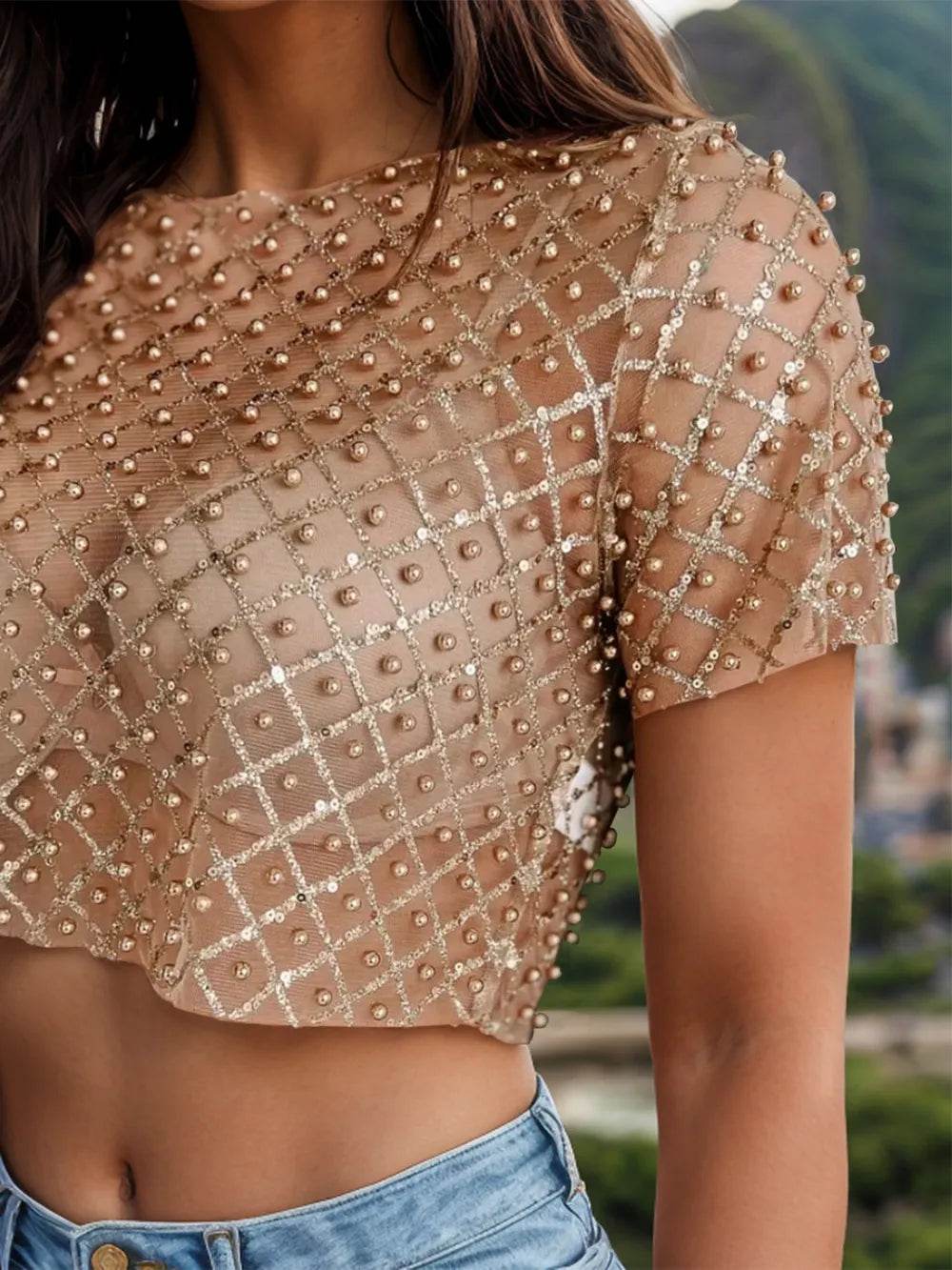 Sequin Bead Trim Round Neck Short Sleeve Blouse - Ultim8 Designs 4 U