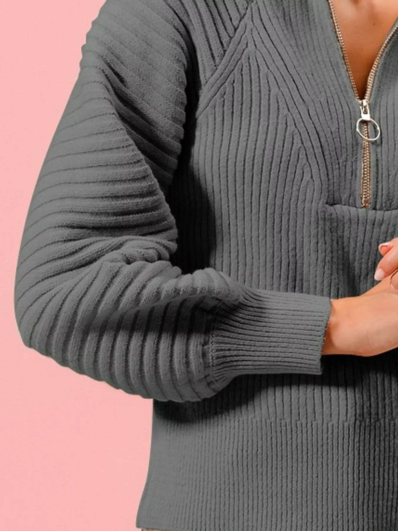SO ME Half Zip Raglan Balloon Sleeves Ribbed Sweater - Ultim8 Designs 4 U