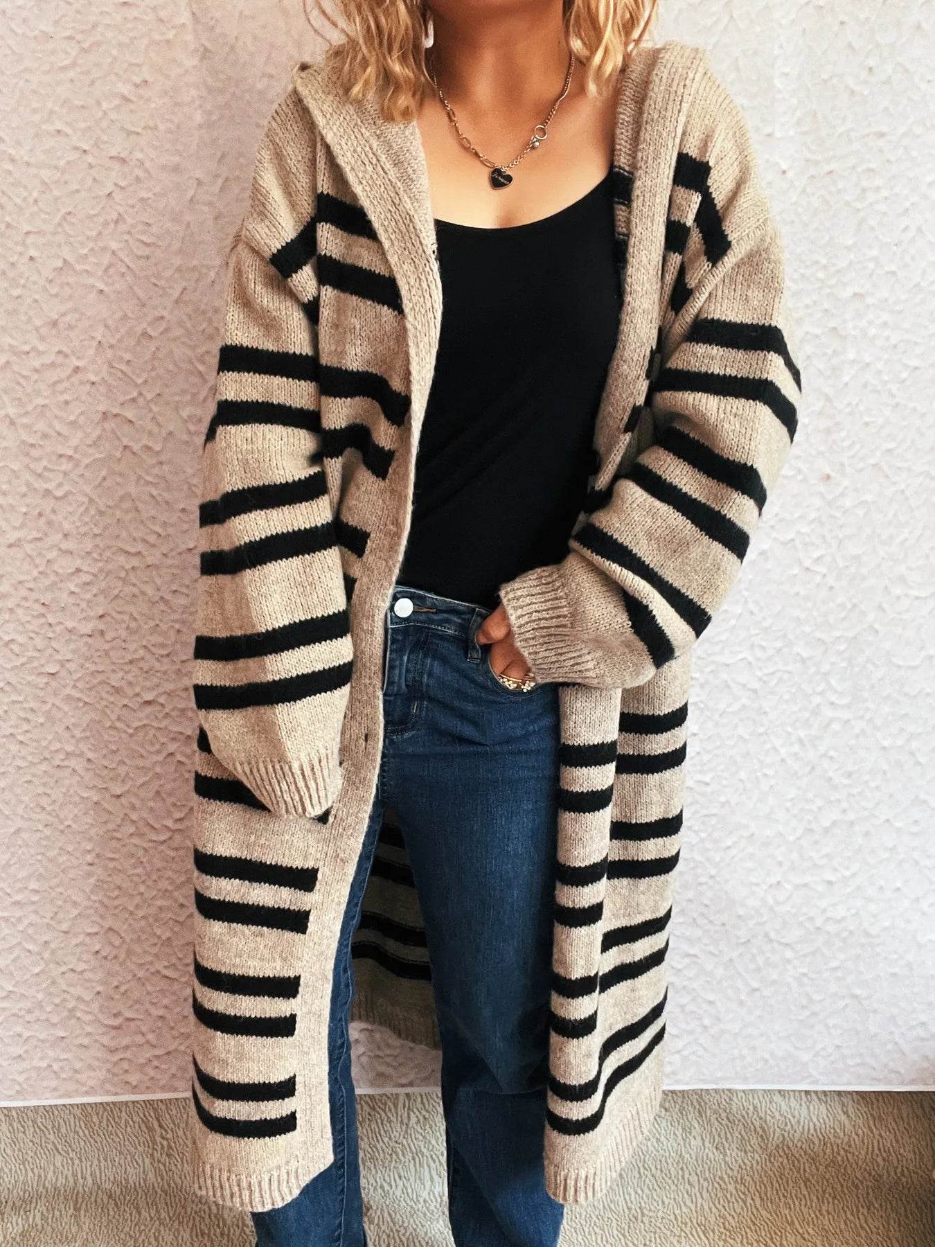 Striped Open Front Hooded Cardigan - Ultim8 Designs 4 U
