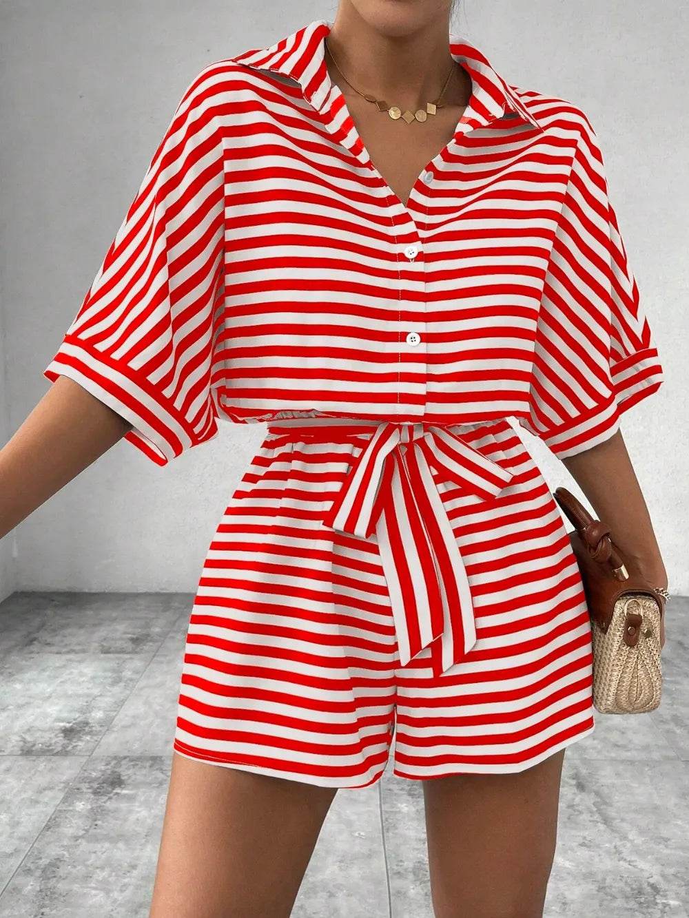 Tie Waist Half Button Striped Romper - Ultim8 Designs 4 U
