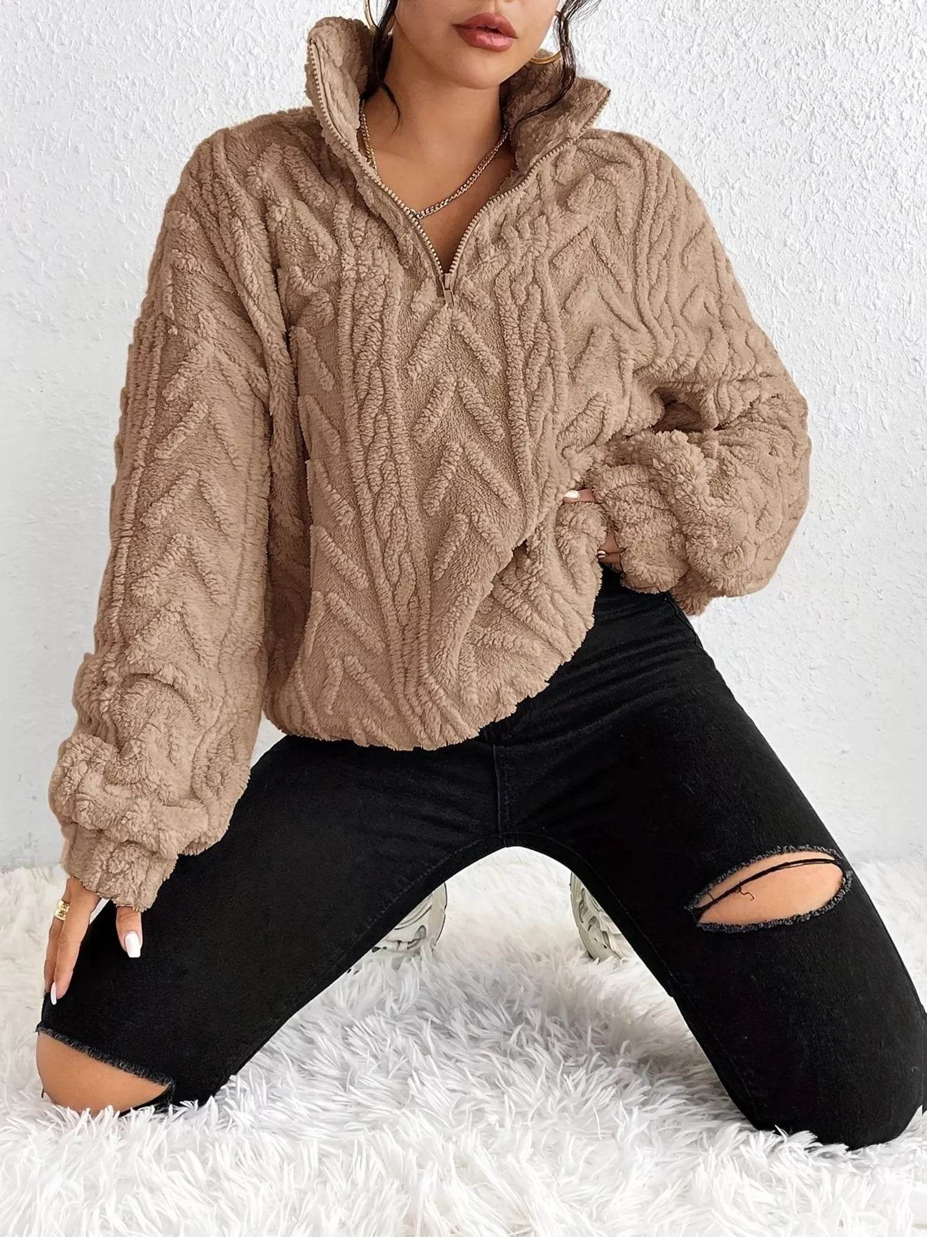 Quarter Zip Dropped Shoulder Sherpa Sweatshirt - Ultim8 Designs 4 U
