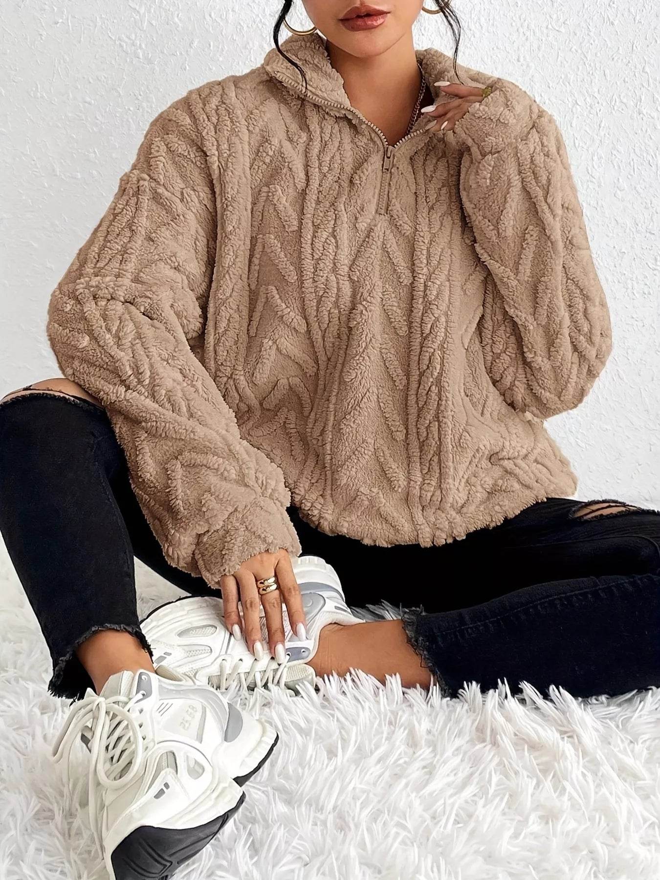 Quarter Zip Dropped Shoulder Sherpa Sweatshirt - Ultim8 Designs 4 U