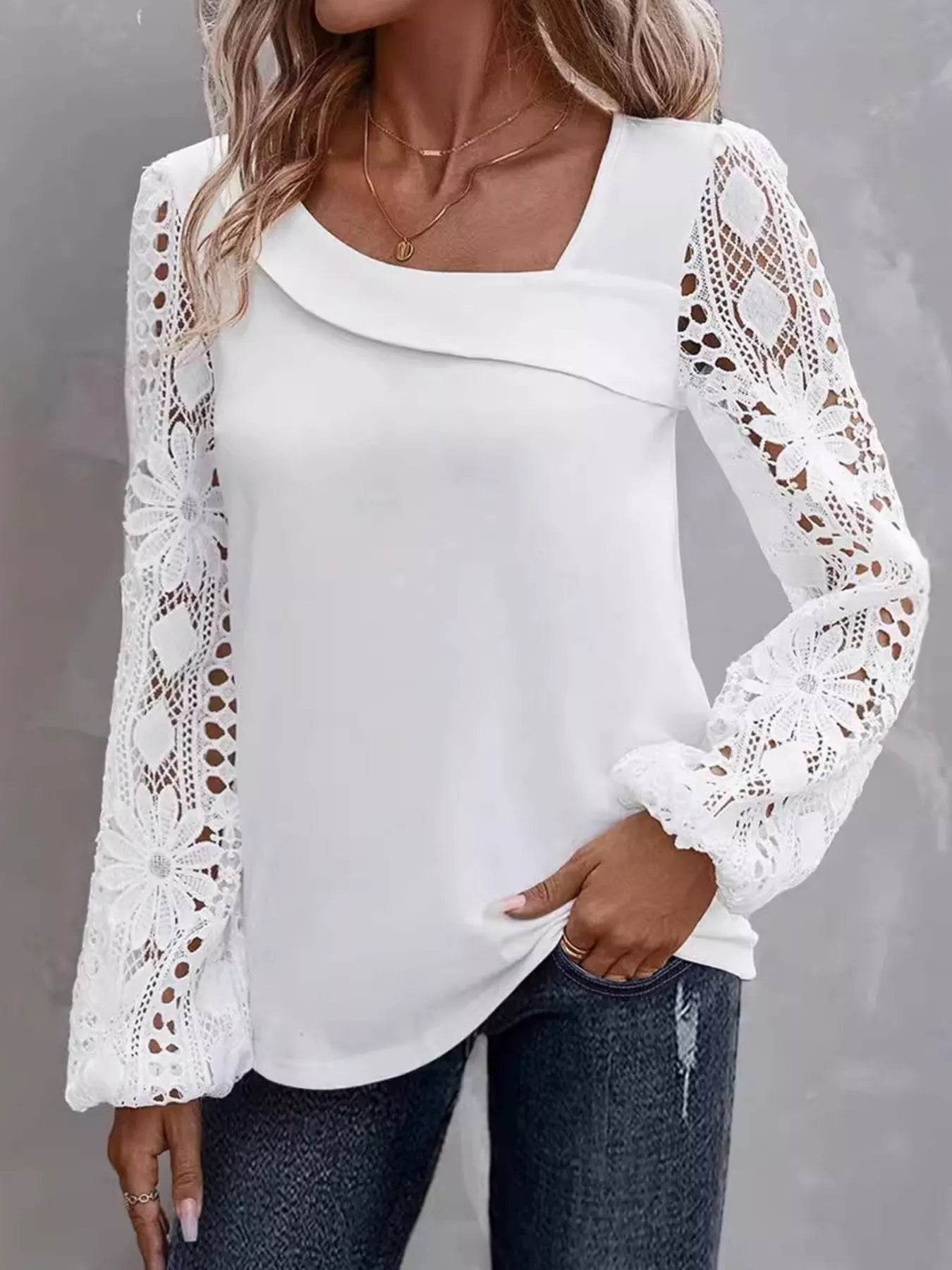 Asymmetrical Lace Long Sleeve Blouse - Ultim8 Designs 4 U
