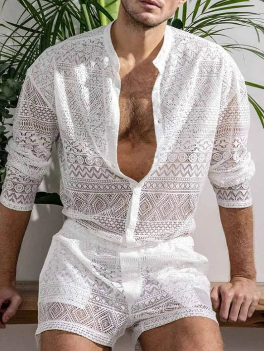 Men's Full Size Lace Button Down Top and Shorts Set Plus Size - Ultim8 Designs 4 U