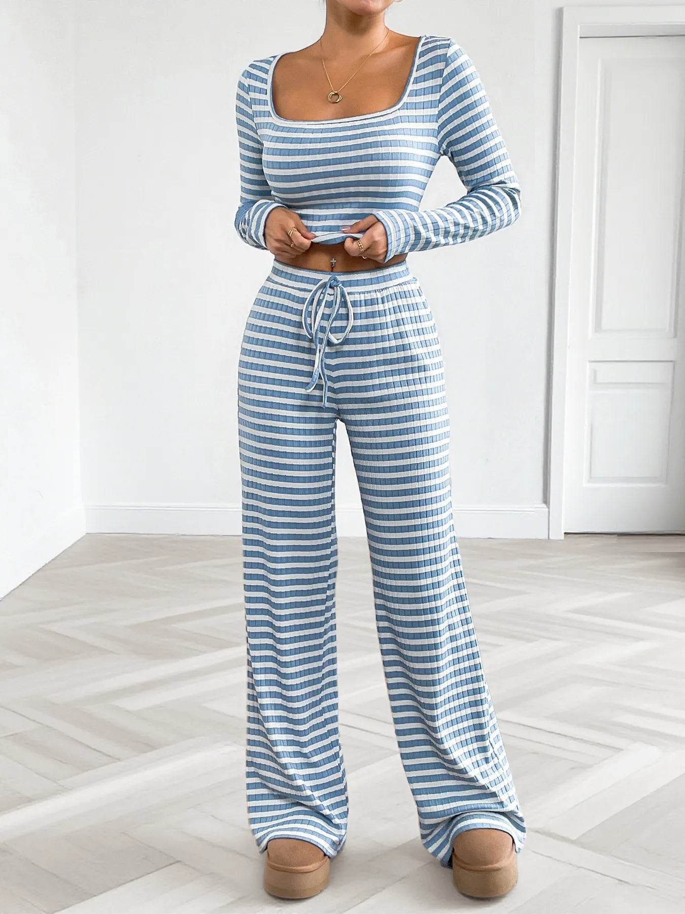 Striped Square Neck Long Sleeve Top and Pants Lounge Set - Ultim8 Designs 4 U