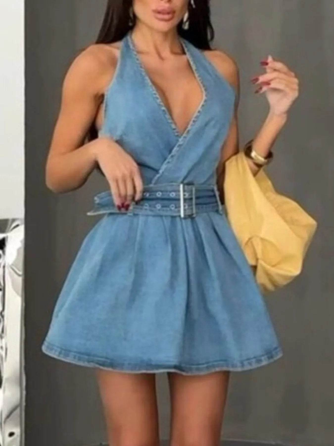Halter Neck Belted Denim Mini Dress - Ultim8 Designs 4 U