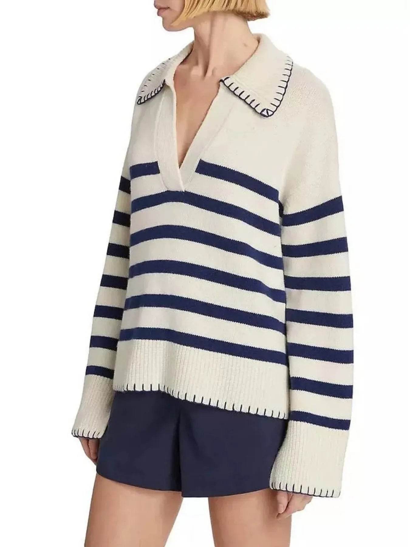 Striped Johnny Collar Sweater - Ultim8 Designs 4 U