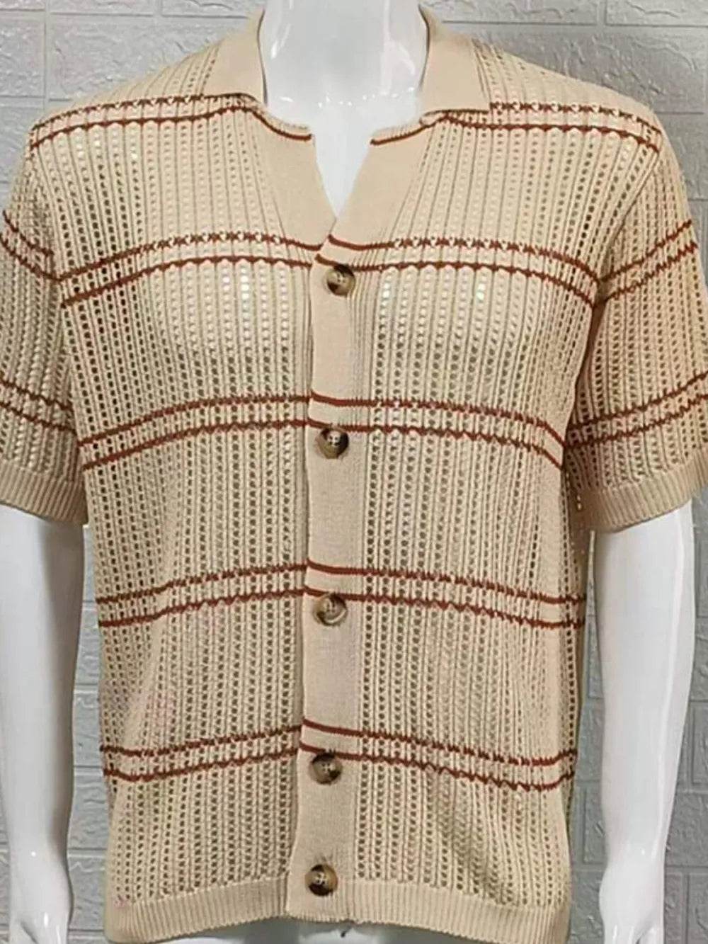 Men's Striped Collared Neck Hollow Out Shirt - Ultim8 Designs 4 U