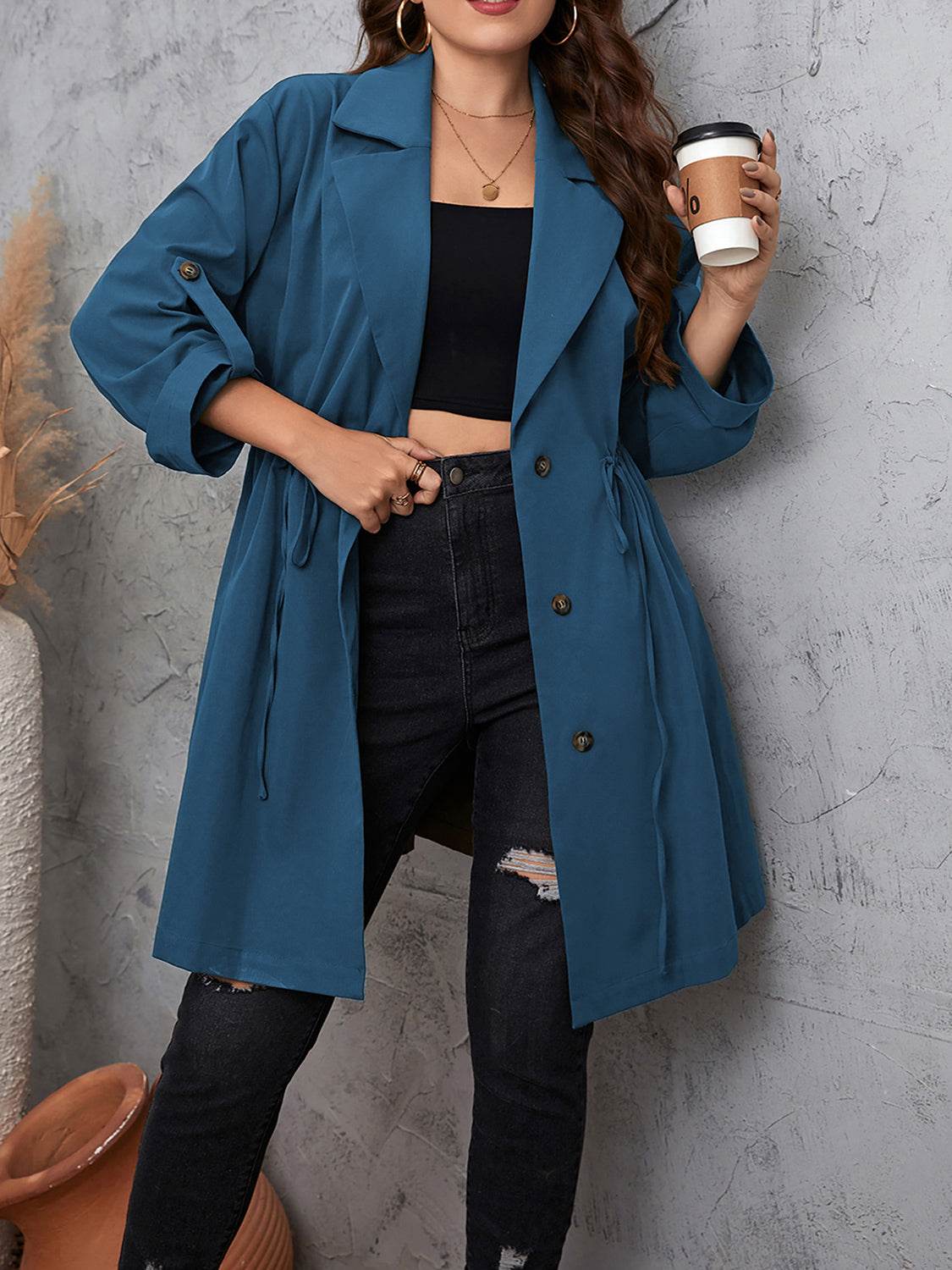 Honey Plus Size Lapel Collar Drawstring Roll-Tab Sleeve Trench Coat - Ultim8 Designs 4 U