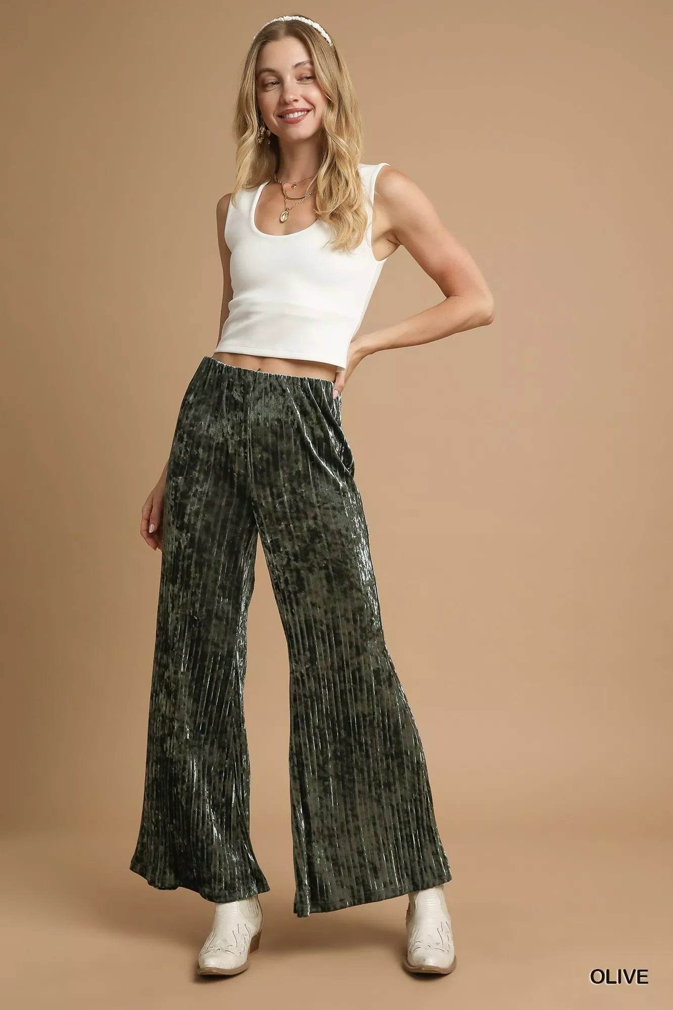 Umgee Velvet Pleated Wide Leg Pants - Ultim8 Designs 4 U