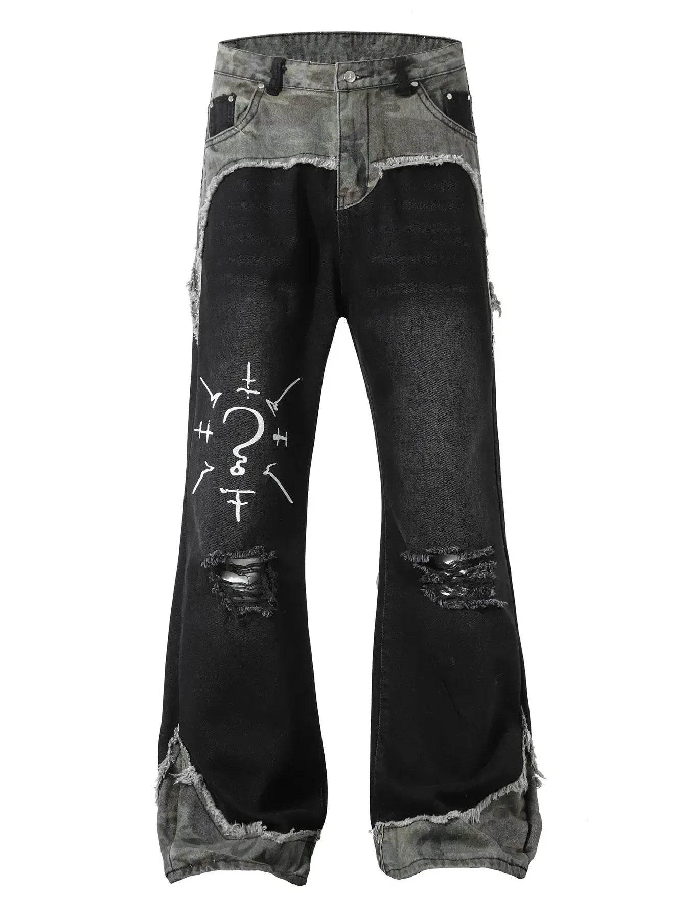 Men's Plus Size Distressed Bootcut Contrast Jeans with Raw Hem - Ultim8 Designs 4 U