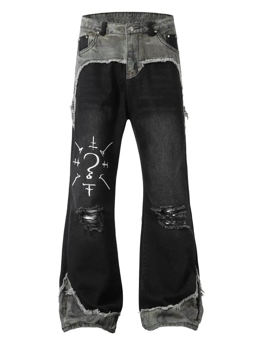 Men's Plus Size Distressed Bootcut Contrast Jeans with Raw Hem - Ultim8 Designs 4 U