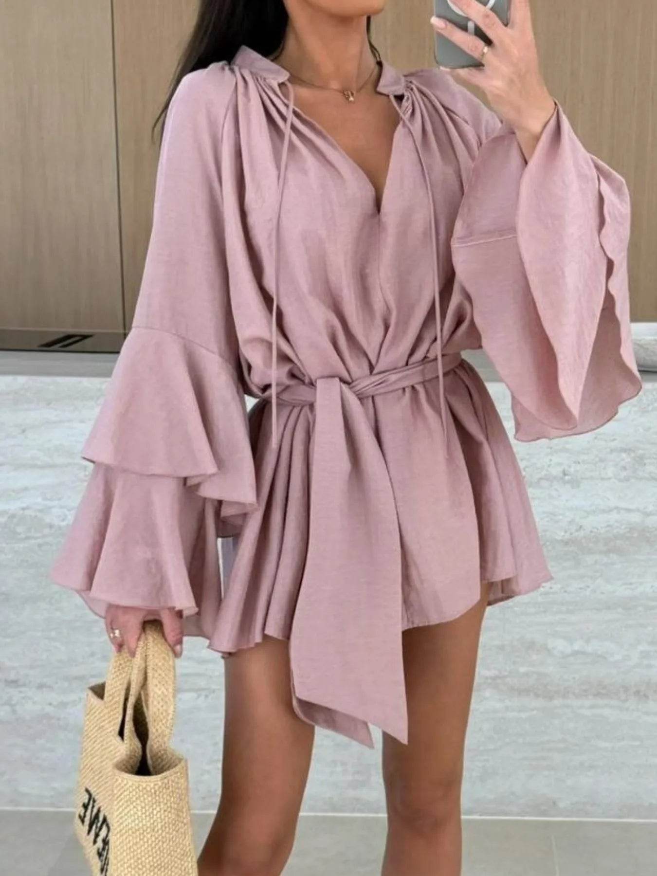 Bell Sleeve Tie Waist Mini Shirt Dress - Ultim8 Designs 4 U