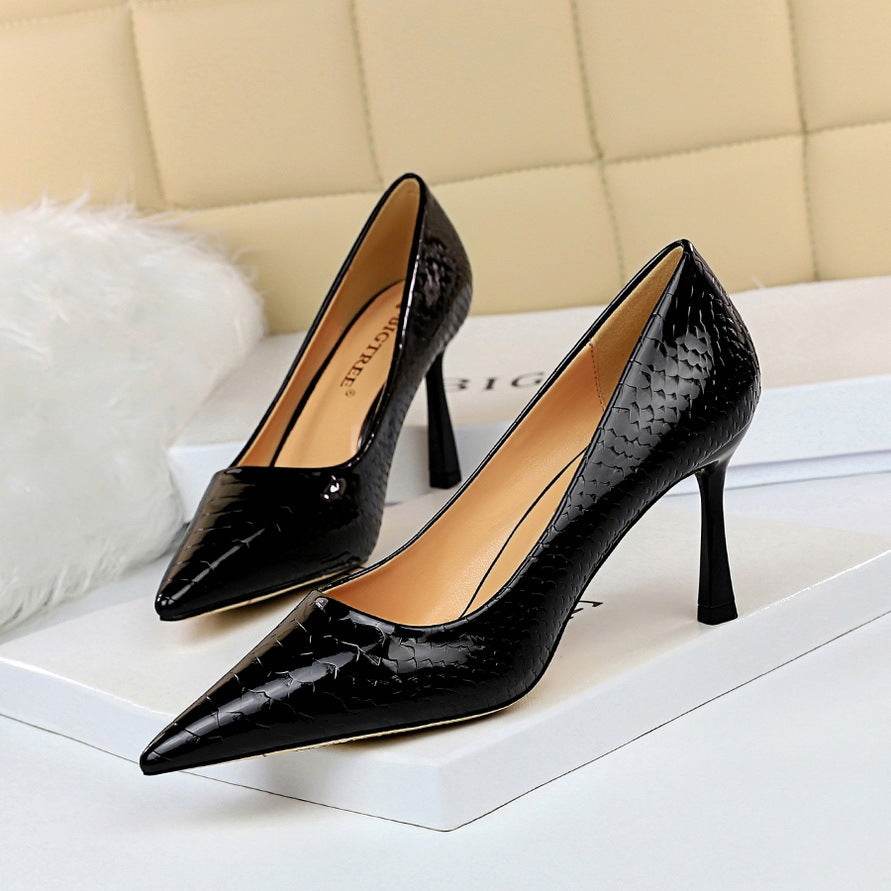 Snakeskin shiny patent leather shallow pointed high heels - Ultim8 Designs 4 U