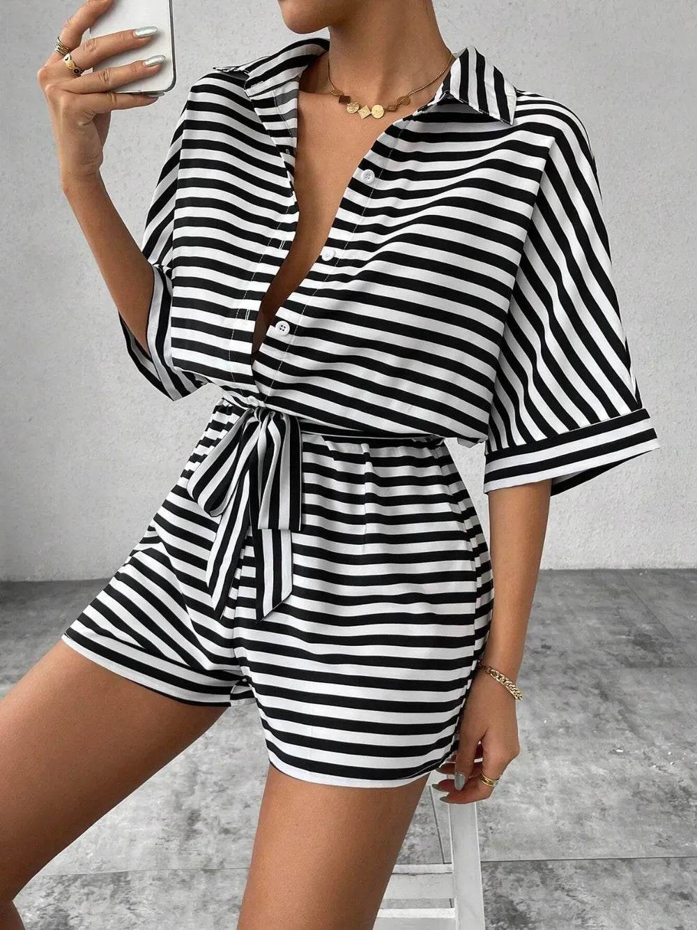 Tie Waist Half Button Striped Romper - Ultim8 Designs 4 U