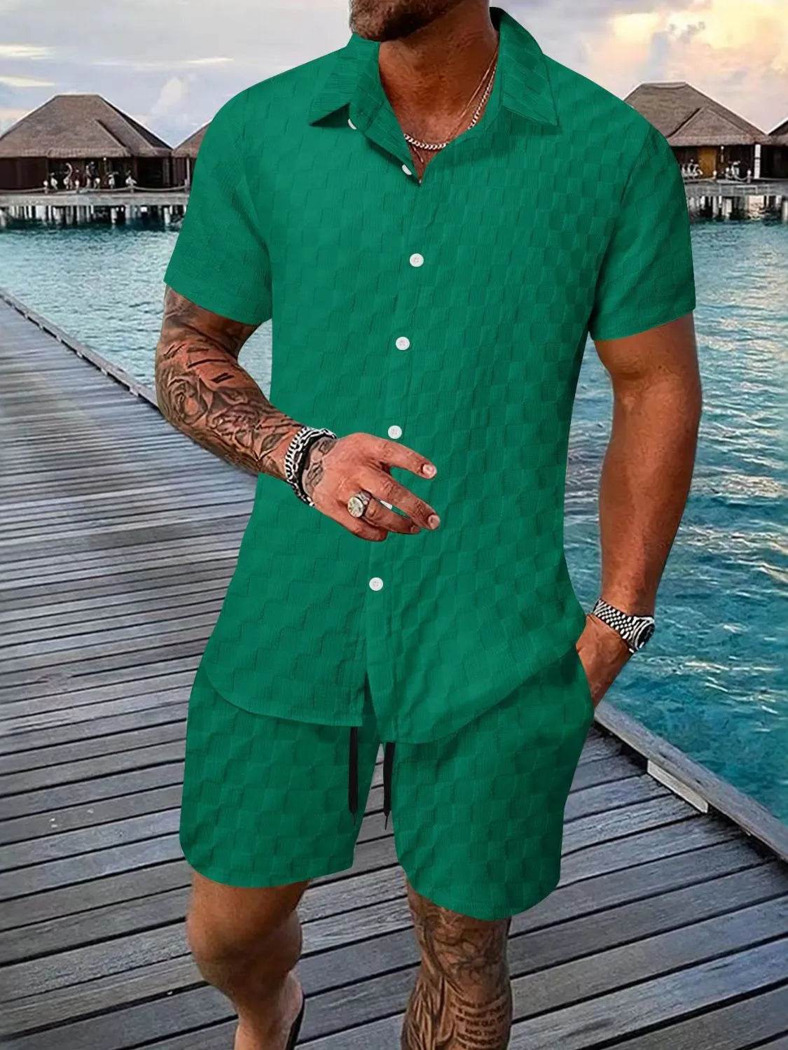 Men's Full Size Collared Neck Short Sleeve Top and Shorts Set Plus Size - Ultim8 Designs 4 U