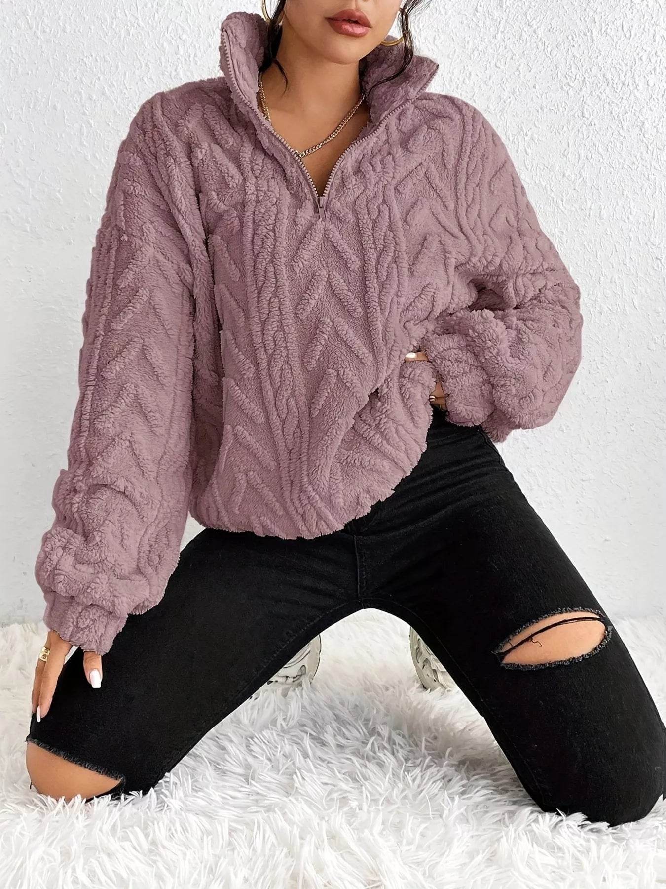 Quarter Zip Dropped Shoulder Sherpa Sweatshirt - Ultim8 Designs 4 U