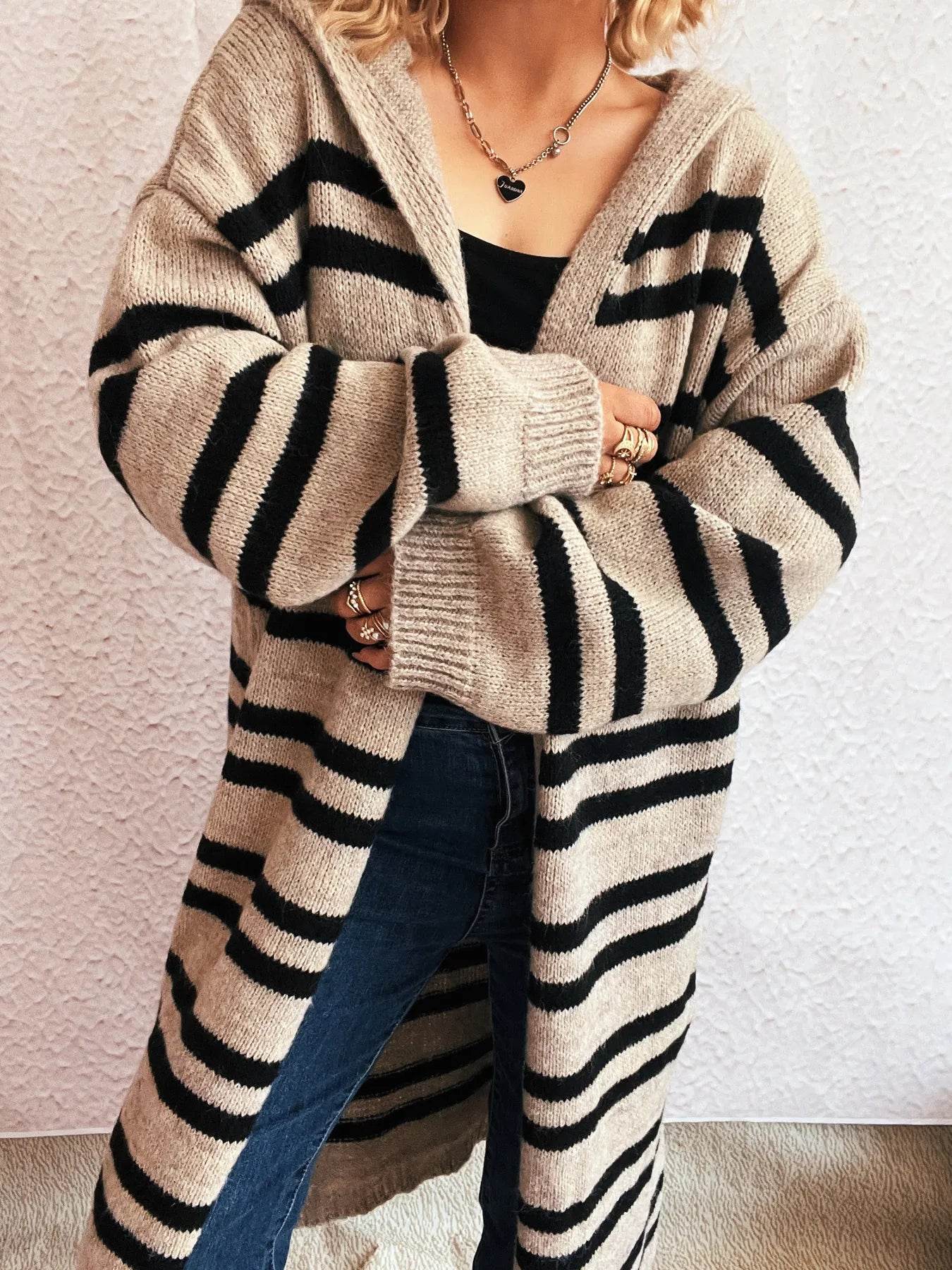 Striped Open Front Hooded Cardigan - Ultim8 Designs 4 U