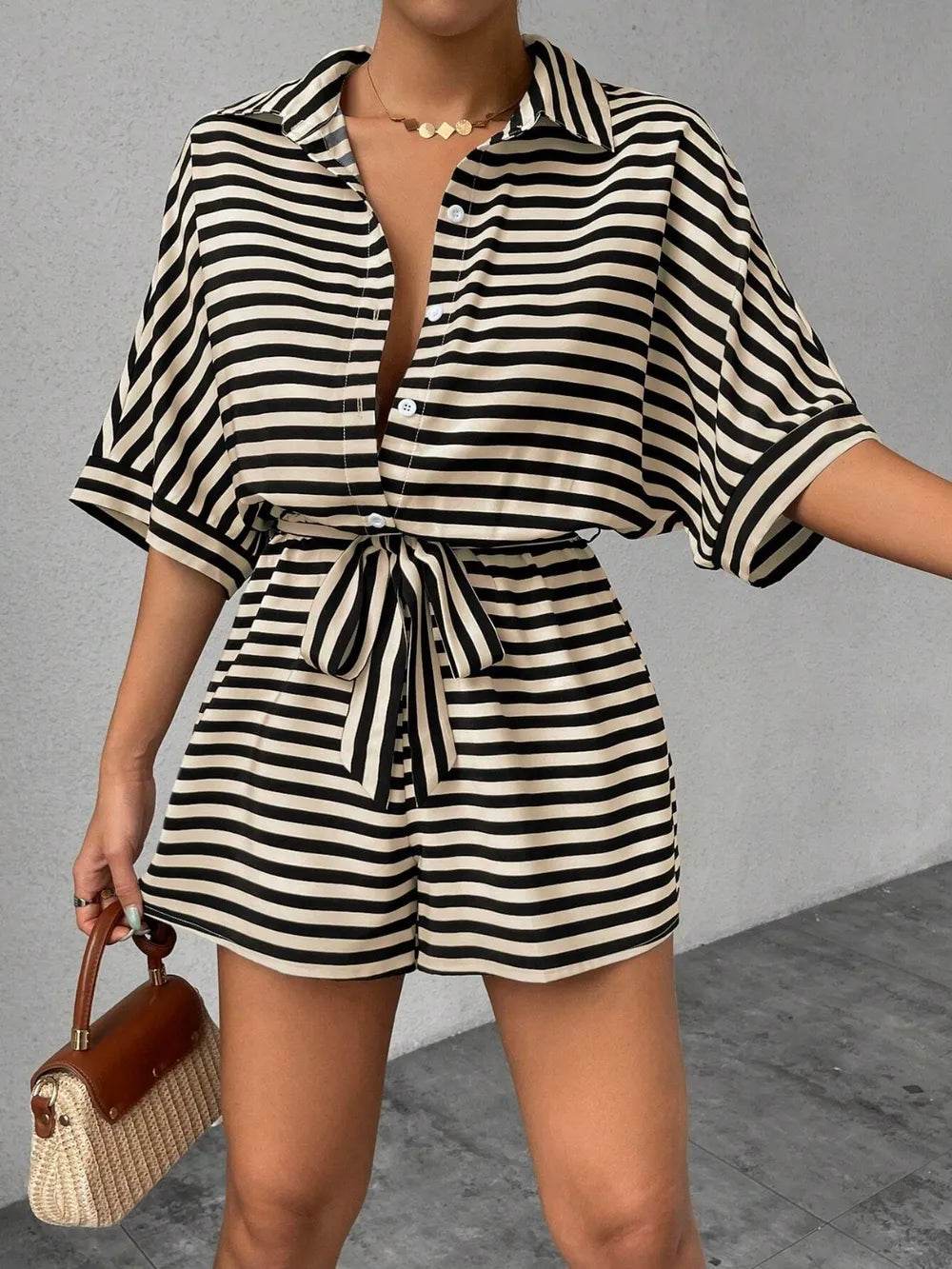 Tie Waist Half Button Striped Romper - Ultim8 Designs 4 U