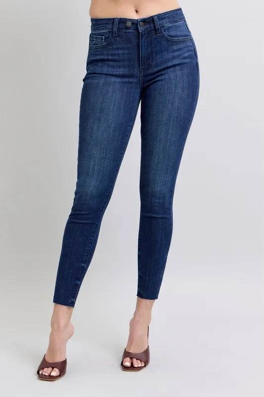 Judy Blue Full Size Mid Rise Skinny Jeans with Raw Hem Plus Size - Ultim8 Designs 4 U