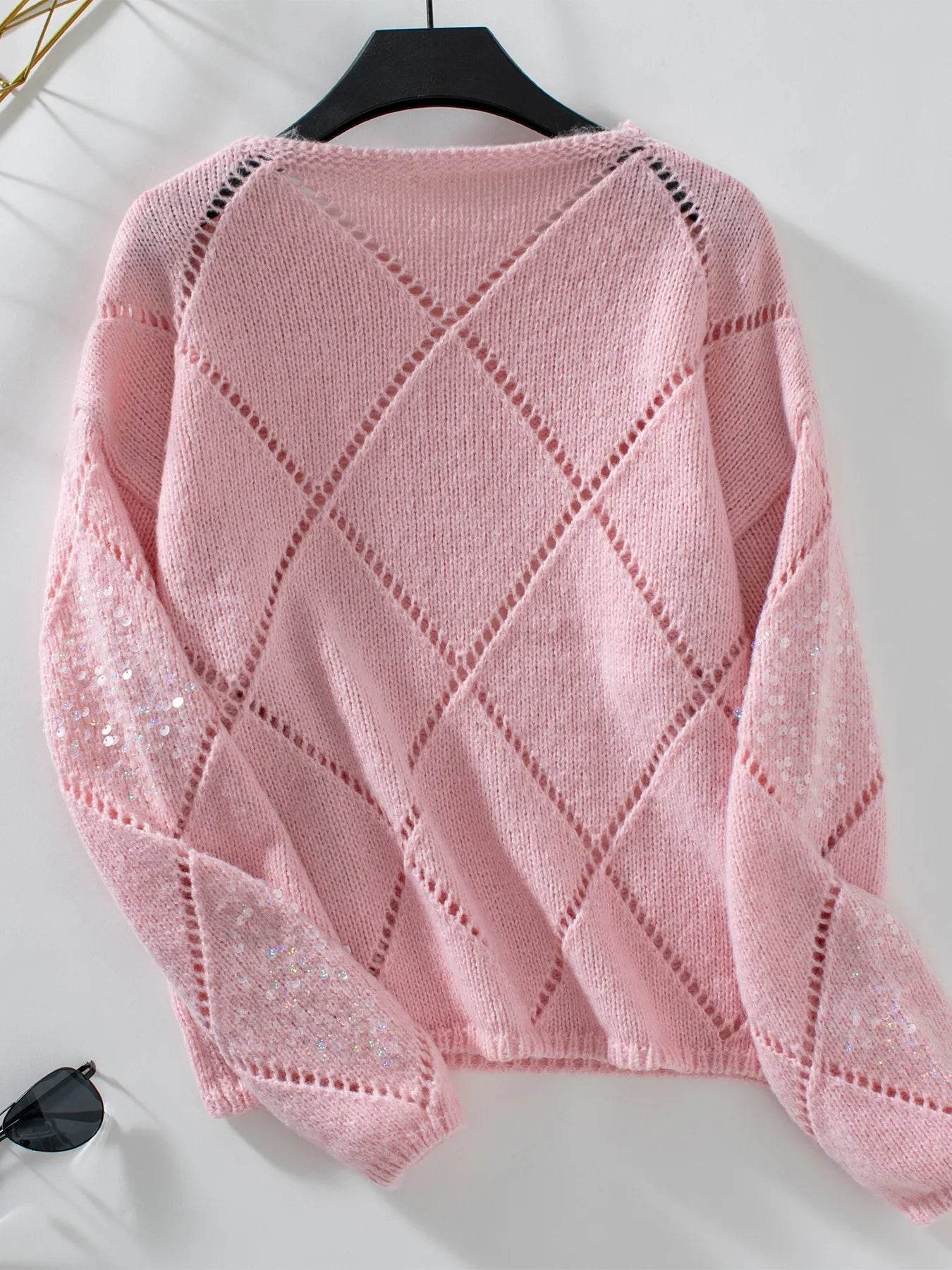 Sequin Openwork Long Sleeve Sweater - Ultim8 Designs 4 U