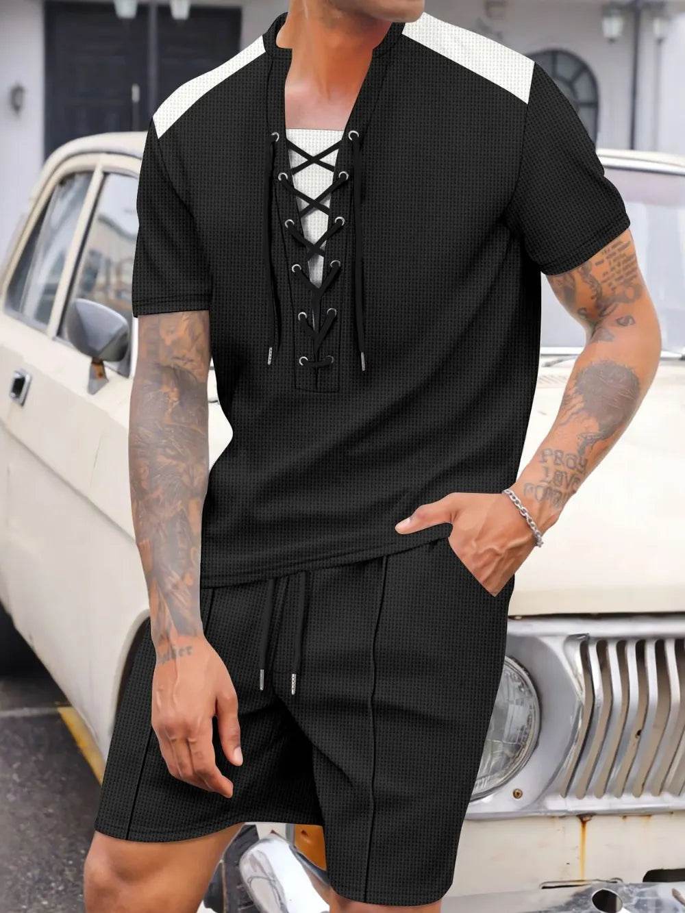 Men's Full Size Lace-Up Waffle Knit Top and Shorts Set Plus Size - Ultim8 Designs 4 U