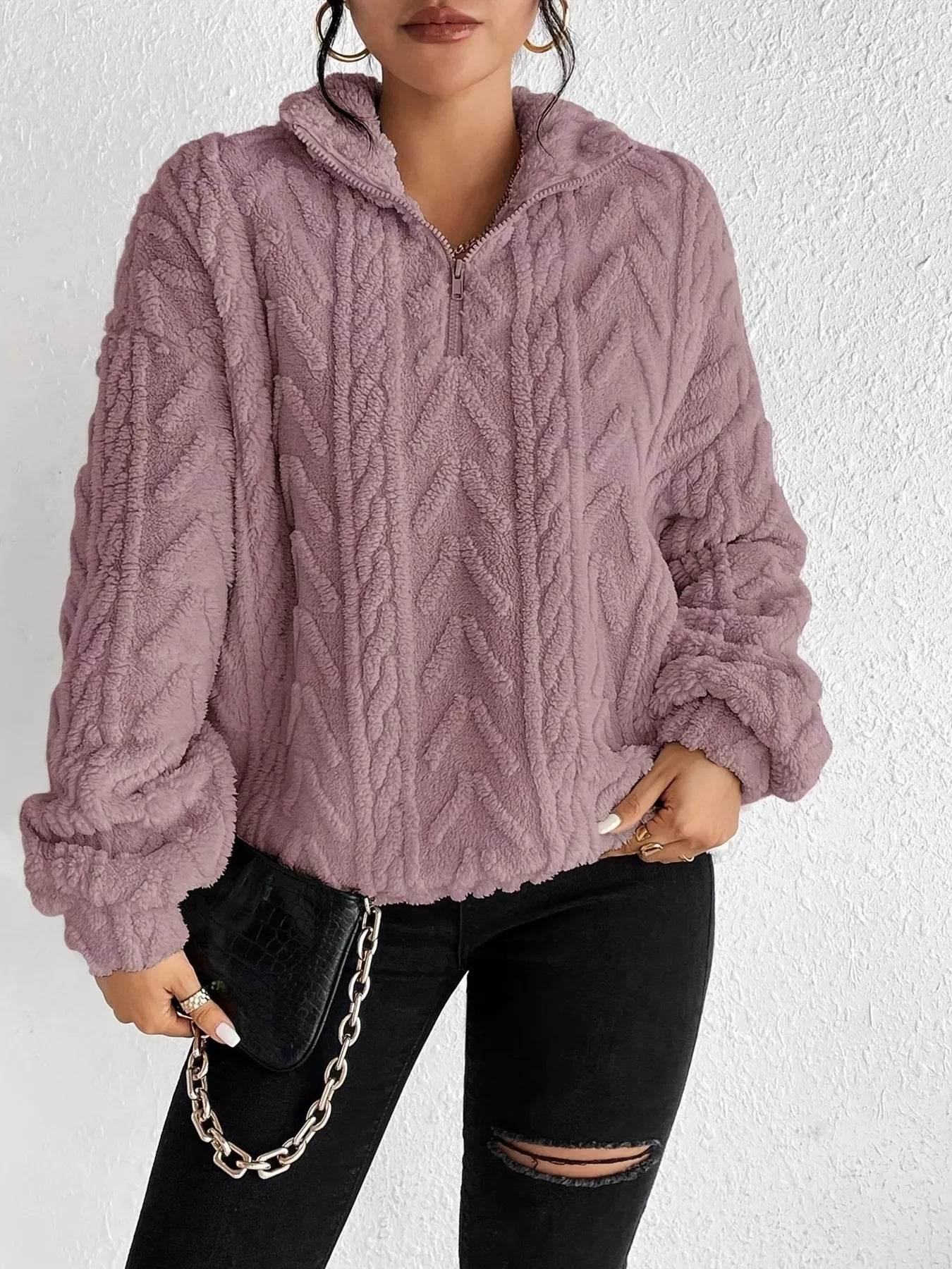 Quarter Zip Dropped Shoulder Sherpa Sweatshirt - Ultim8 Designs 4 U