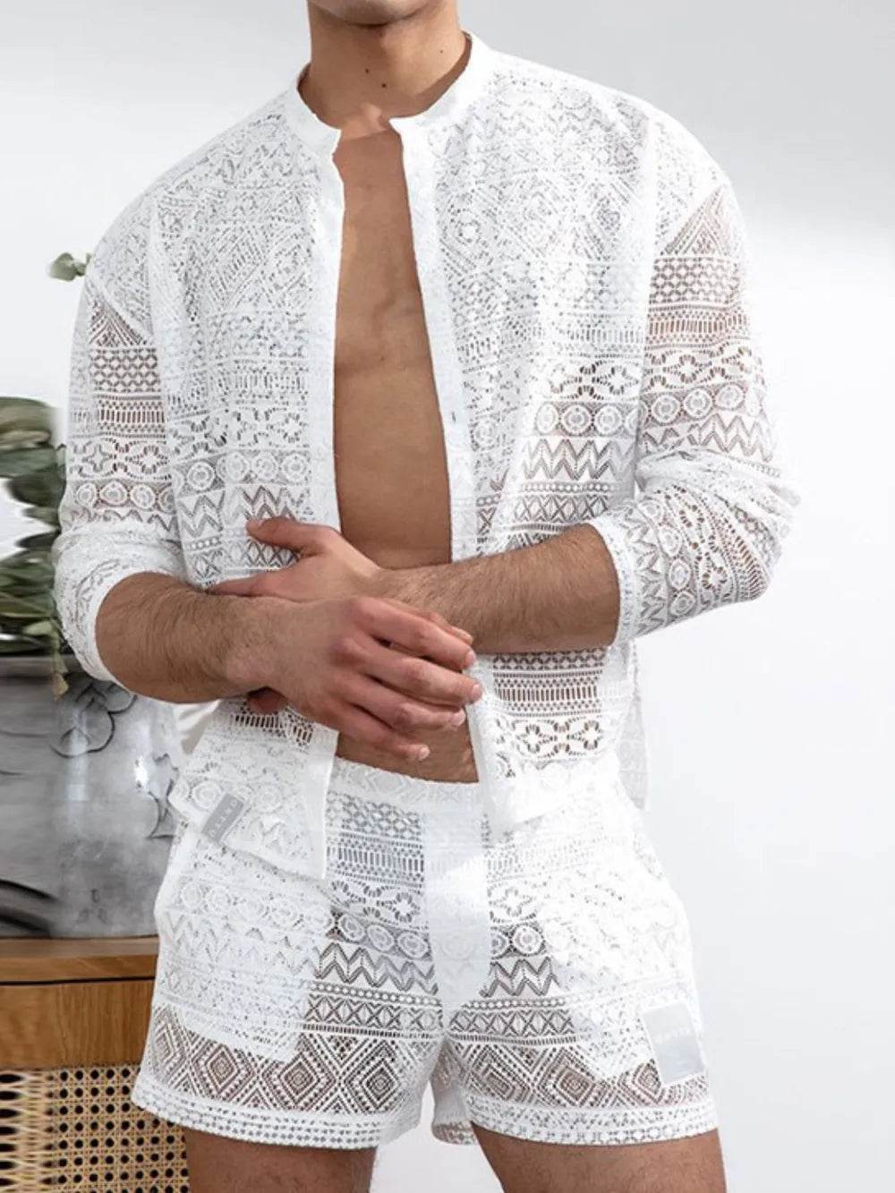 Men's Full Size Lace Button Down Top and Shorts Set Plus Size - Ultim8 Designs 4 U