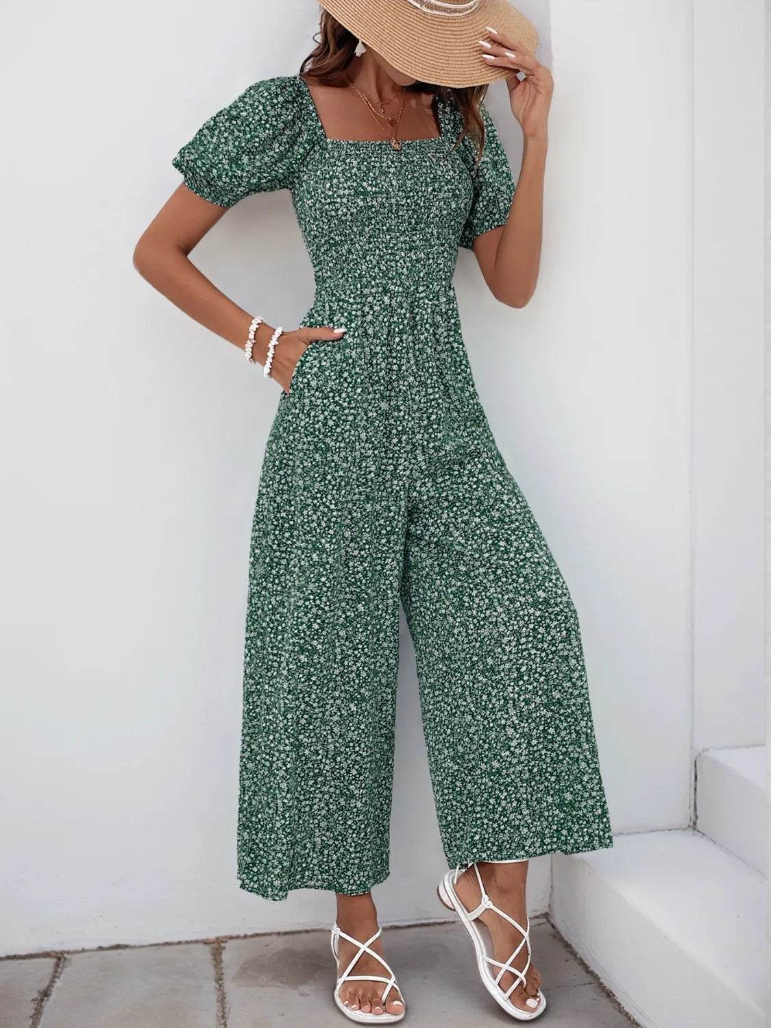 Printed Square Neck Puff Sleeve Jumpsuit - Ultim8 Designs 4 U